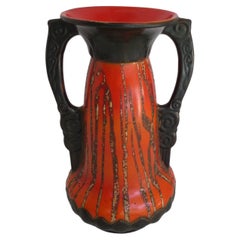 Art Nouveau Modern Czechoslovakian Red & Black Ceramic Vase with Handles, 1930s
