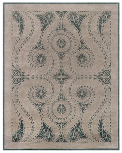Art Nouveau Modern Spiral Arabesque Taupe With Forest Green Rug "Nautilus"