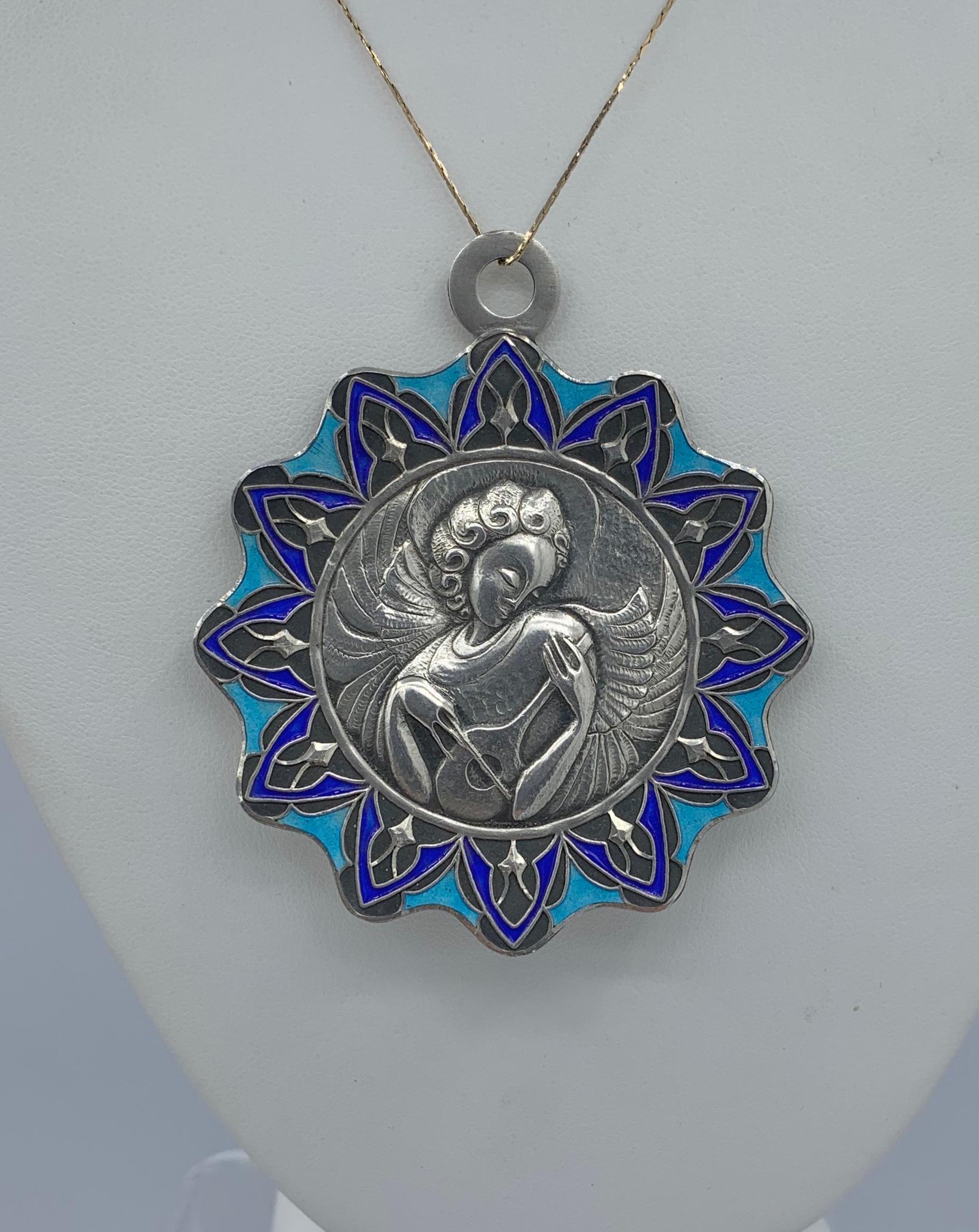 Women's or Men's Art Nouveau Modernist Angel Musician Enamel Pendant Necklace Sterling Silver For Sale
