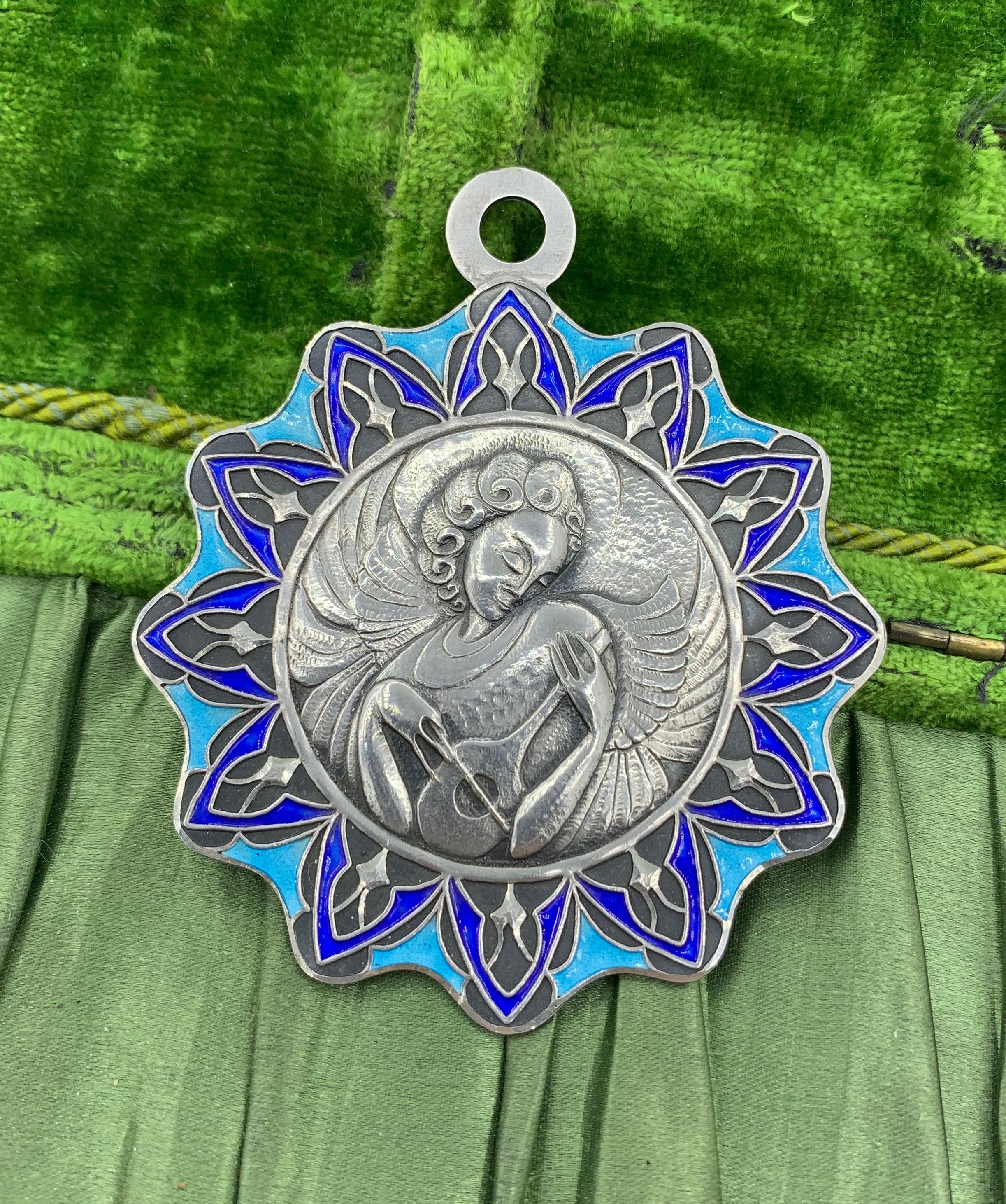 Art Nouveau Modernist Angel Musician Enamel Pendant Necklace Sterling Silver For Sale 1