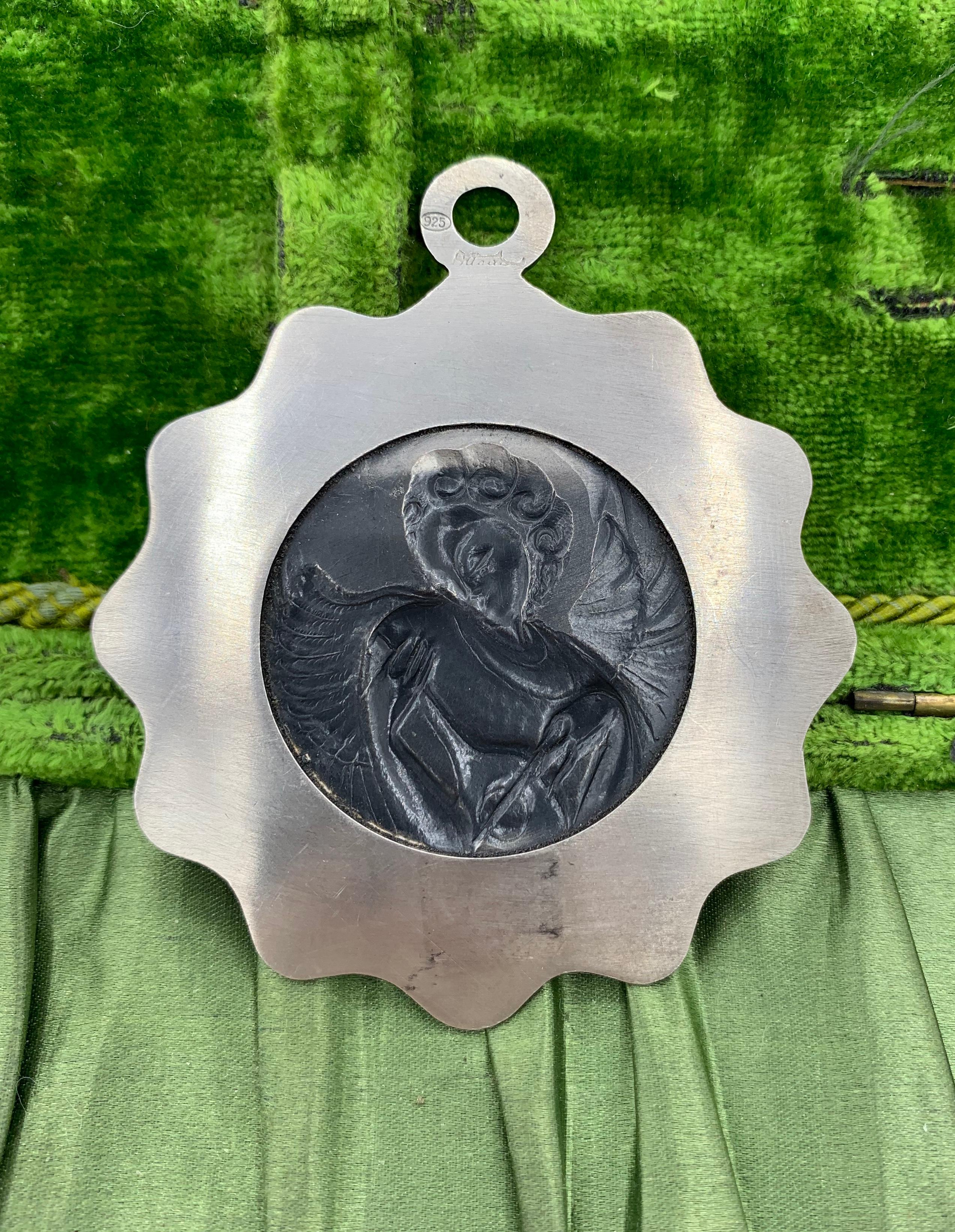 Art Nouveau Modernist Angel Musician Enamel Pendant Necklace Sterling Silver For Sale 2
