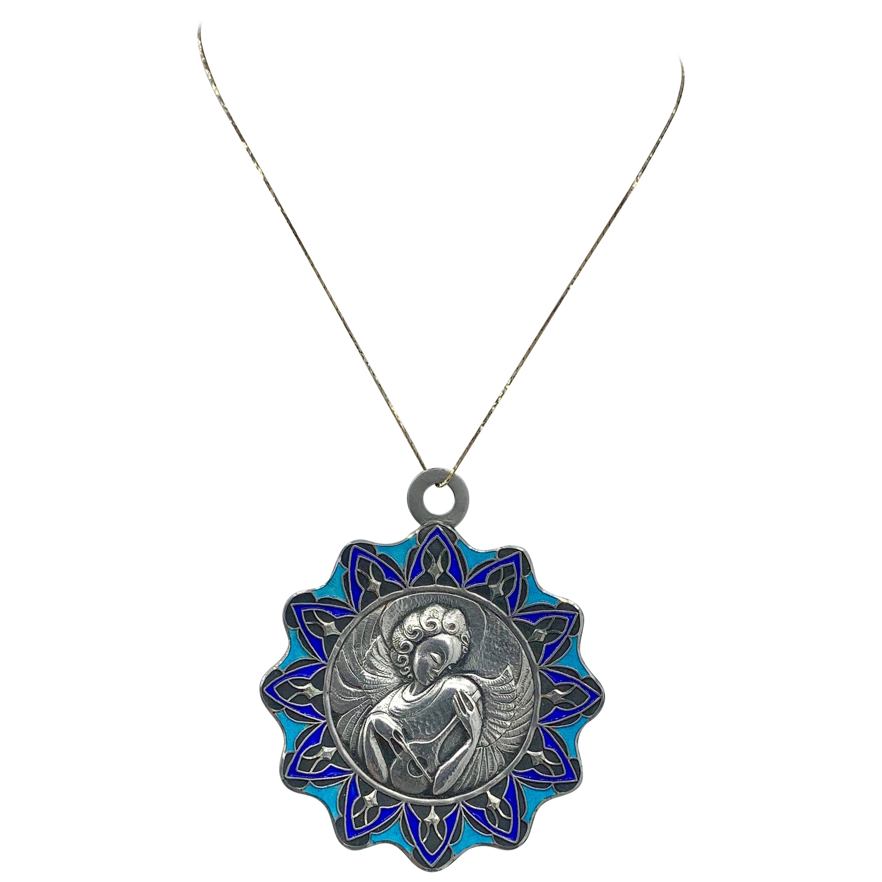 Jugendstil Modernist Engel Musiker Emaille-Anhänger Halskette Sterling Silber