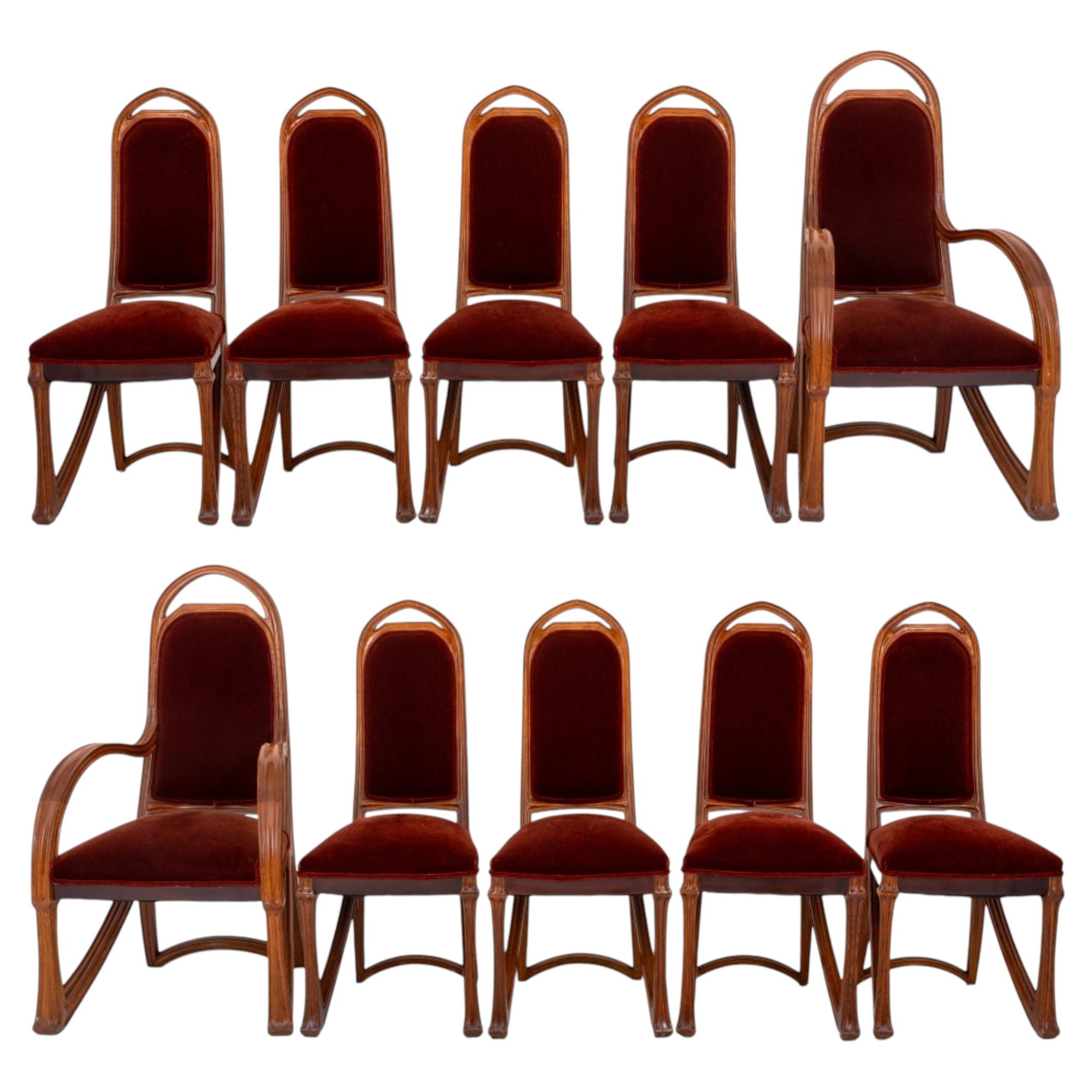 Art Nouveau Mohair and Mahogony Louis Marjorelle Dining Chairs, Set of 10