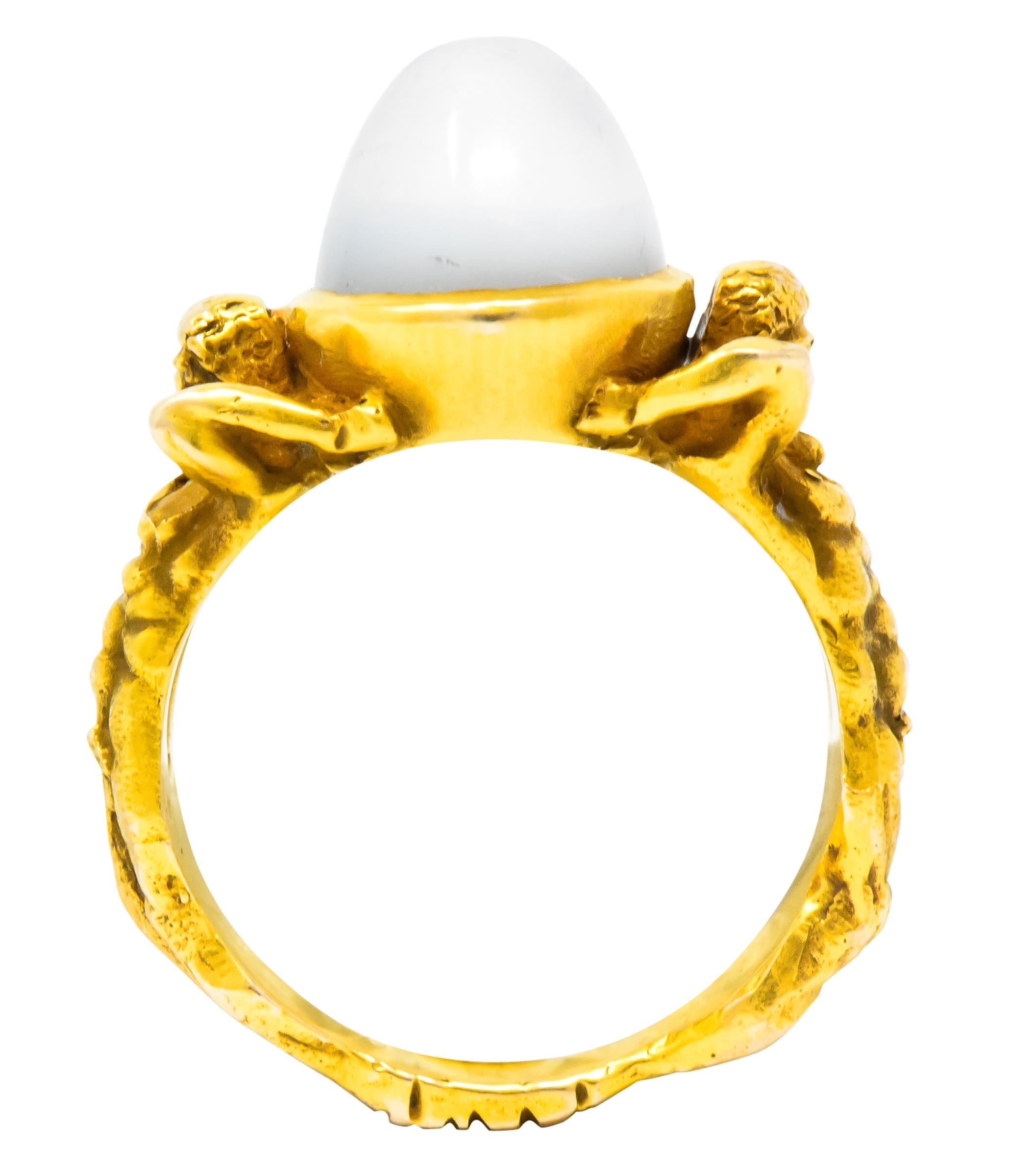 Art Nouveau Moonstone 14 Karat Gold Atlas Unisex Ring 4