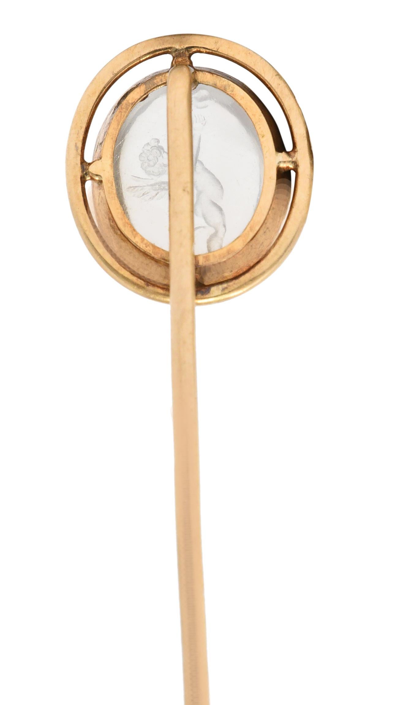 Cabochon Art Nouveau Moonstone 14 Karat Gold Cherub Intaglio Stickpin