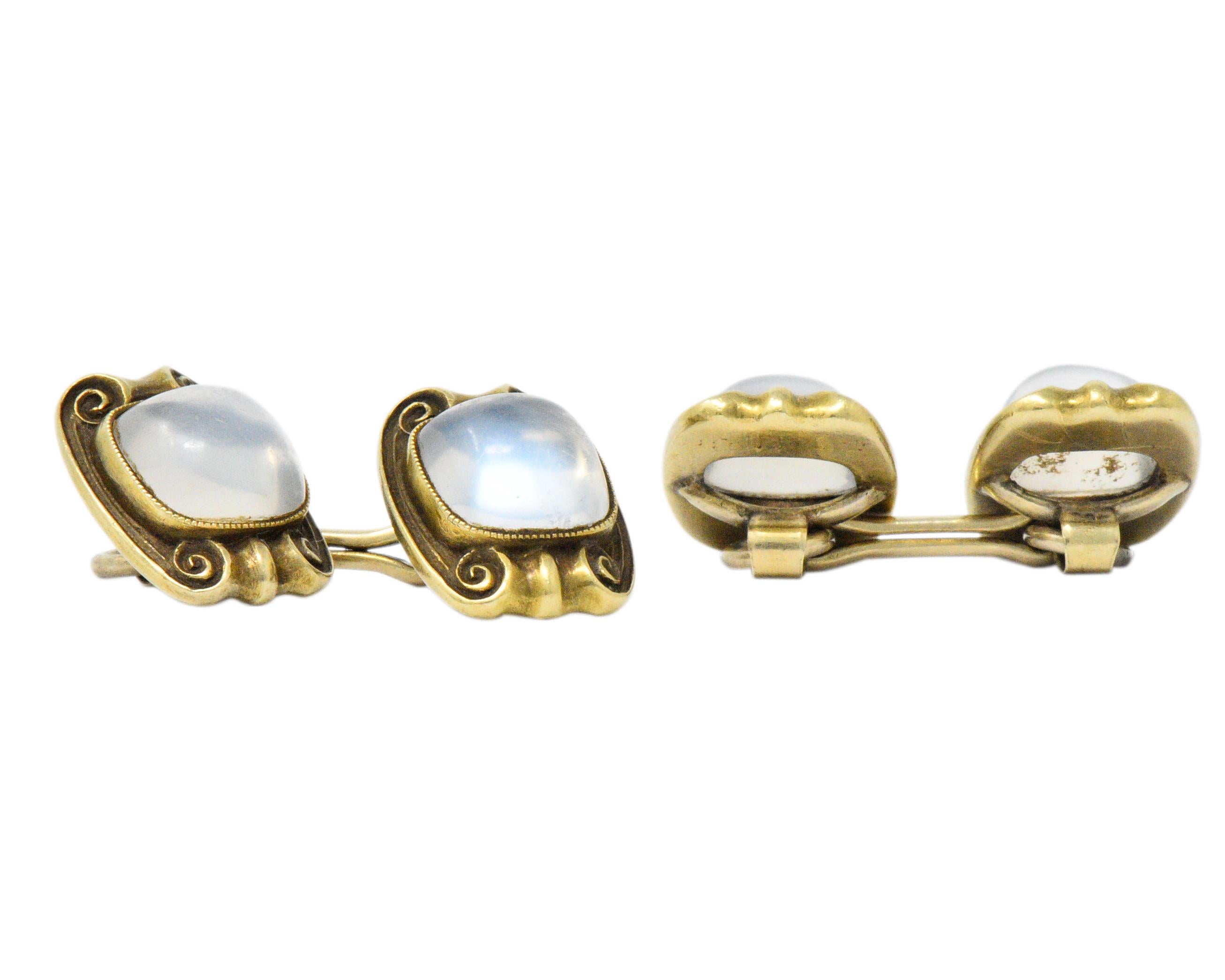 Women's or Men's Art Nouveau Moonstone 14 Karat Gold Cufflinks