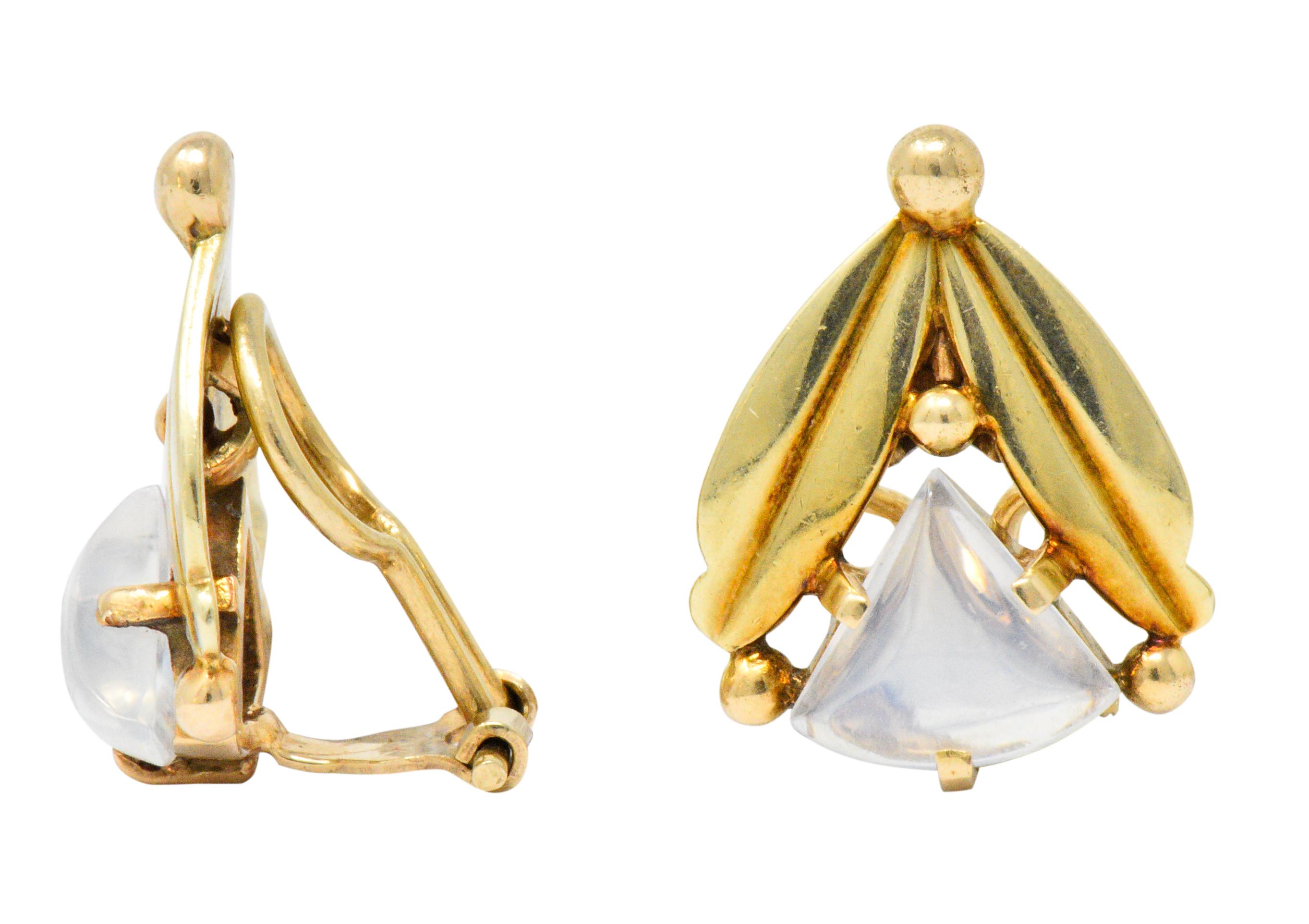 Cabochon Art Nouveau Moonstone 14 Karat Gold Foliate Ear-clip Earrings