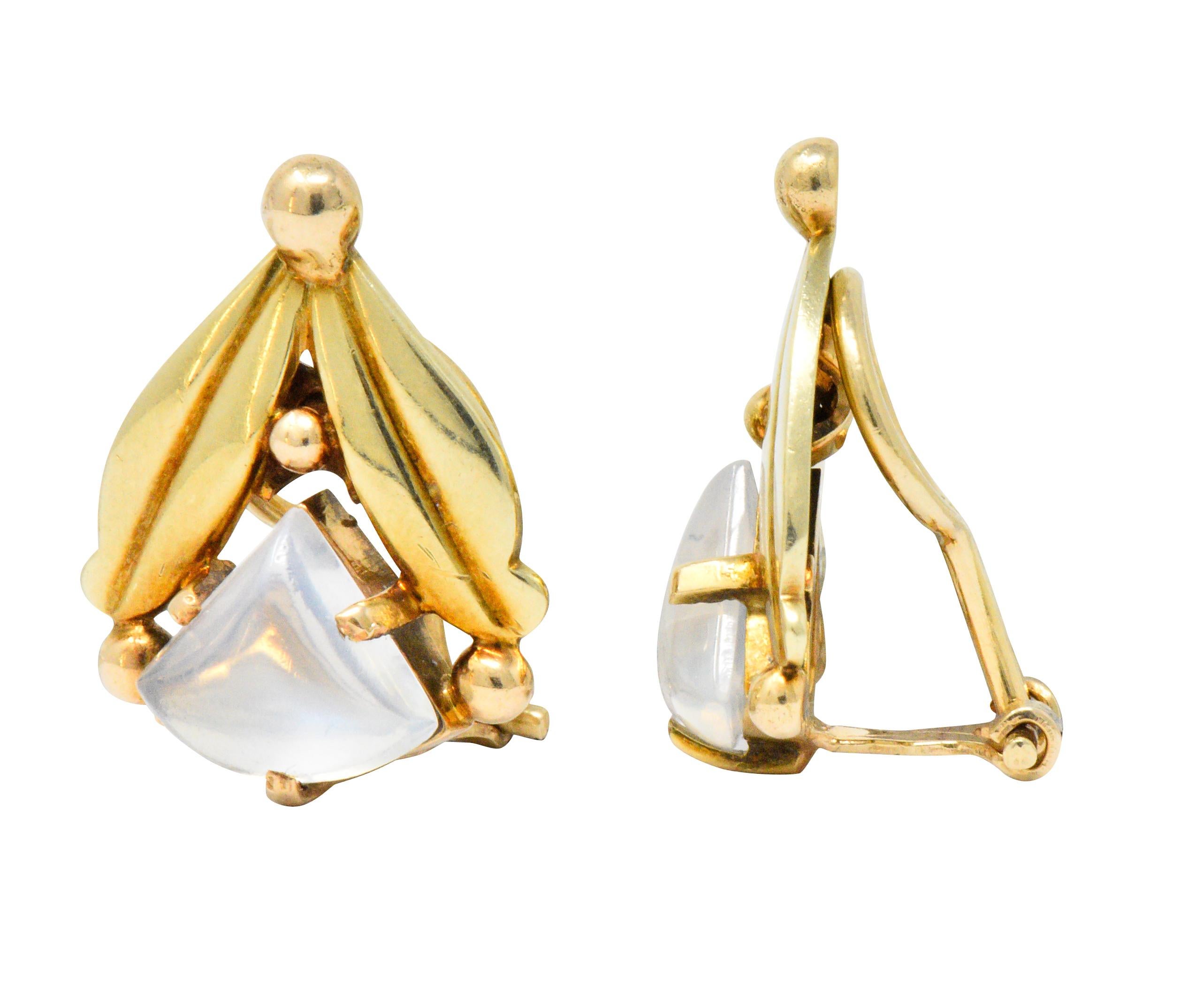 Art Nouveau Moonstone 14 Karat Gold Foliate Ear-clip Earrings In Excellent Condition In Philadelphia, PA