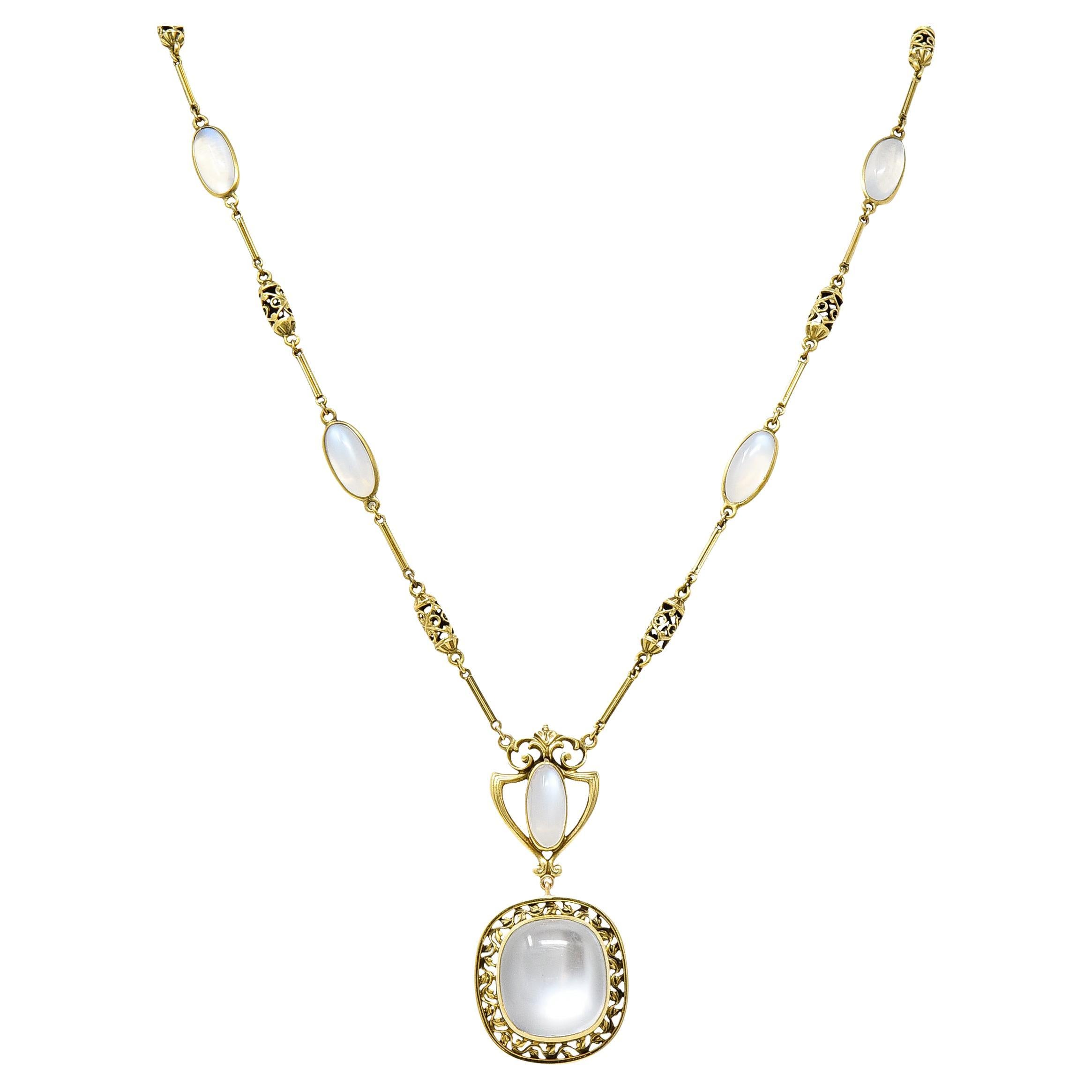 Art Nouveau Moonstone 14 Karat Green Gold Link Station Drop Necklace