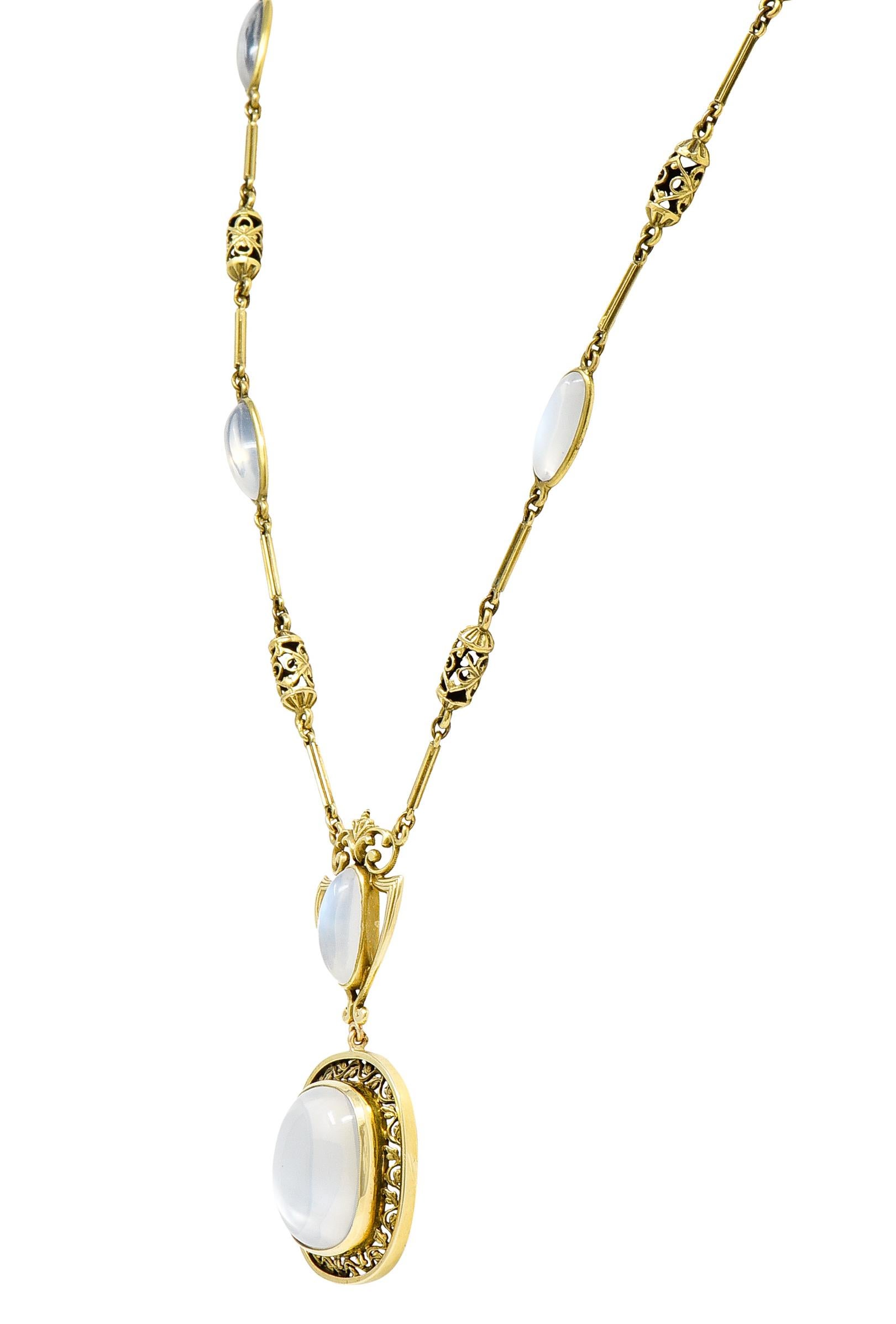 Art Nouveau Moonstone 14 Karat Green Gold Link Station Drop Necklace