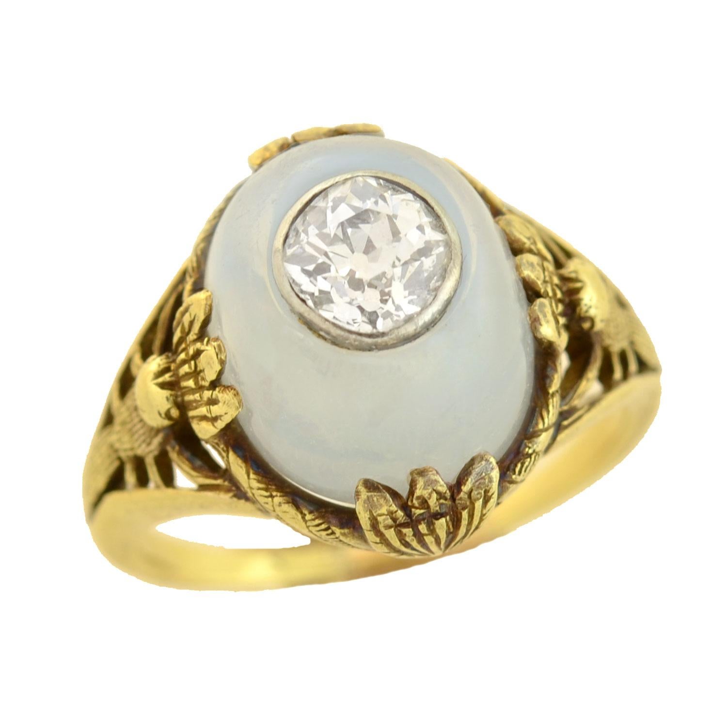 Art Nouveau Moonstone and Diamond Dragonfly Motif Ring In Excellent Condition For Sale In Narberth, PA