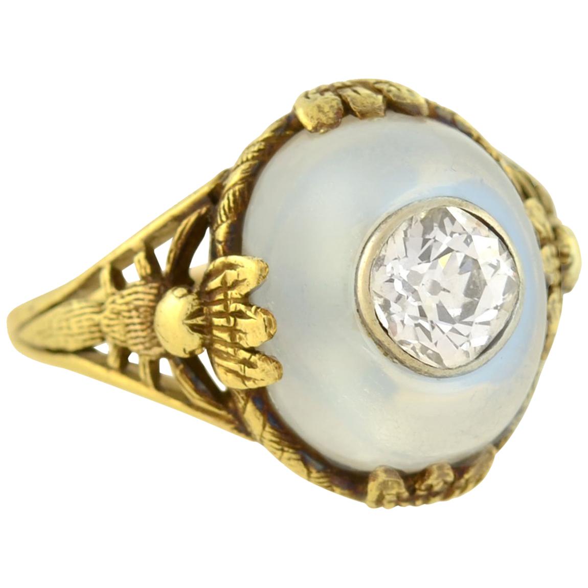 Art Nouveau Moonstone and Diamond Dragonfly Motif Ring For Sale