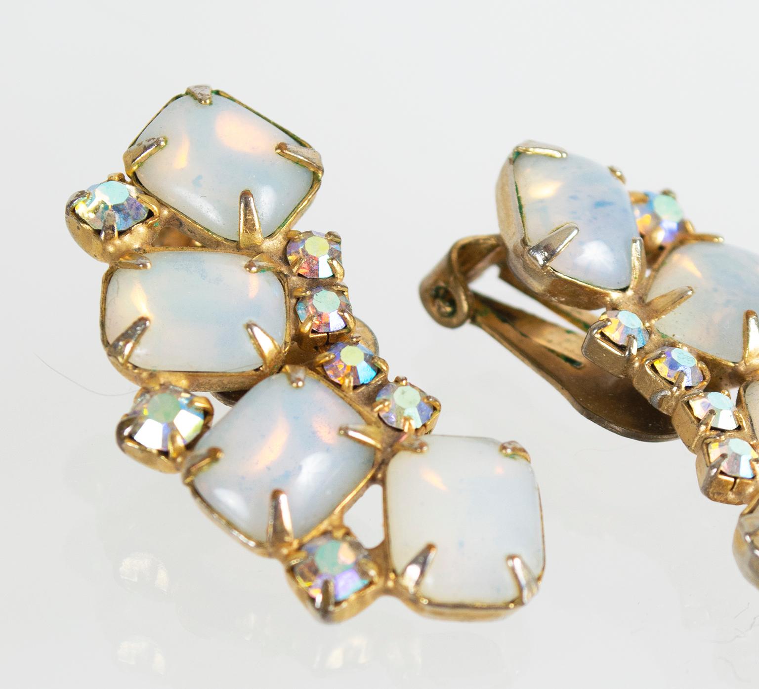 Women's Art Nouveau Moonstone Cabochon Ear Crawler Statement Clip Earrings, 1 ½” – 1960s