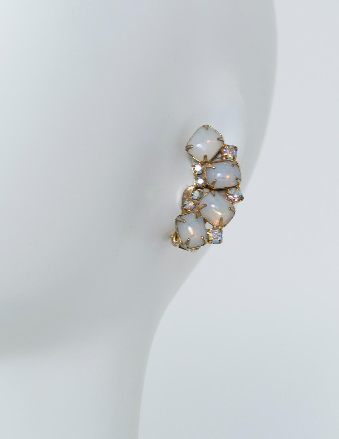 Art Nouveau Moonstone Cabochon Ear Crawler Statement Clip Earrings, 1 ½” – 1960s 1