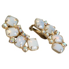 Art Nouveau Moonstone Cabochon Ear Crawler Statement Clip Earrings, 1 ½” – 1960s