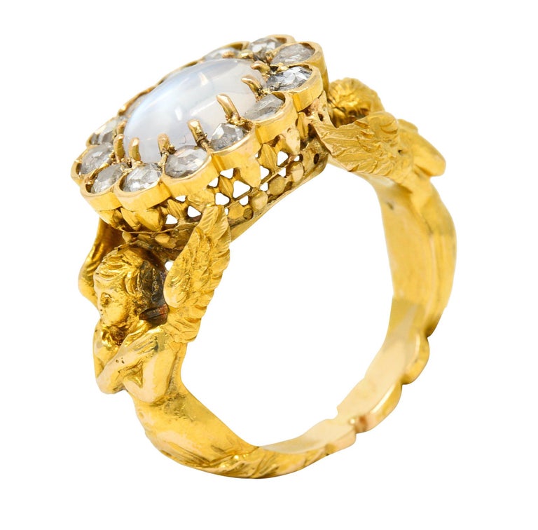 Art Nouveau Moonstone Diamond 18 Karat Gold Nike Mythological Victory Ring  at 1stDibs
