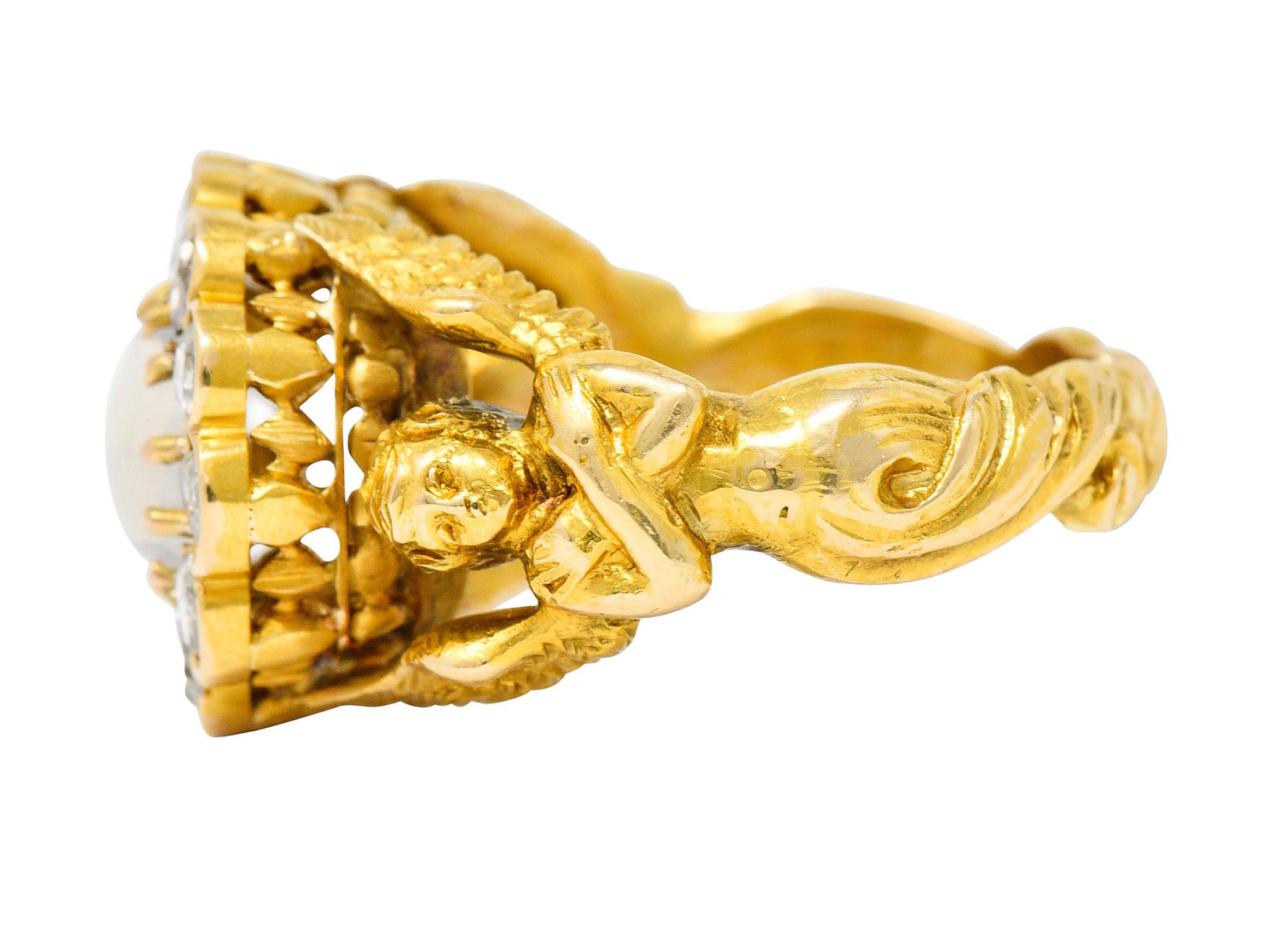 Cabochon Art Nouveau Moonstone Diamond 18 Karat Gold Nike Mythological Victory Ring