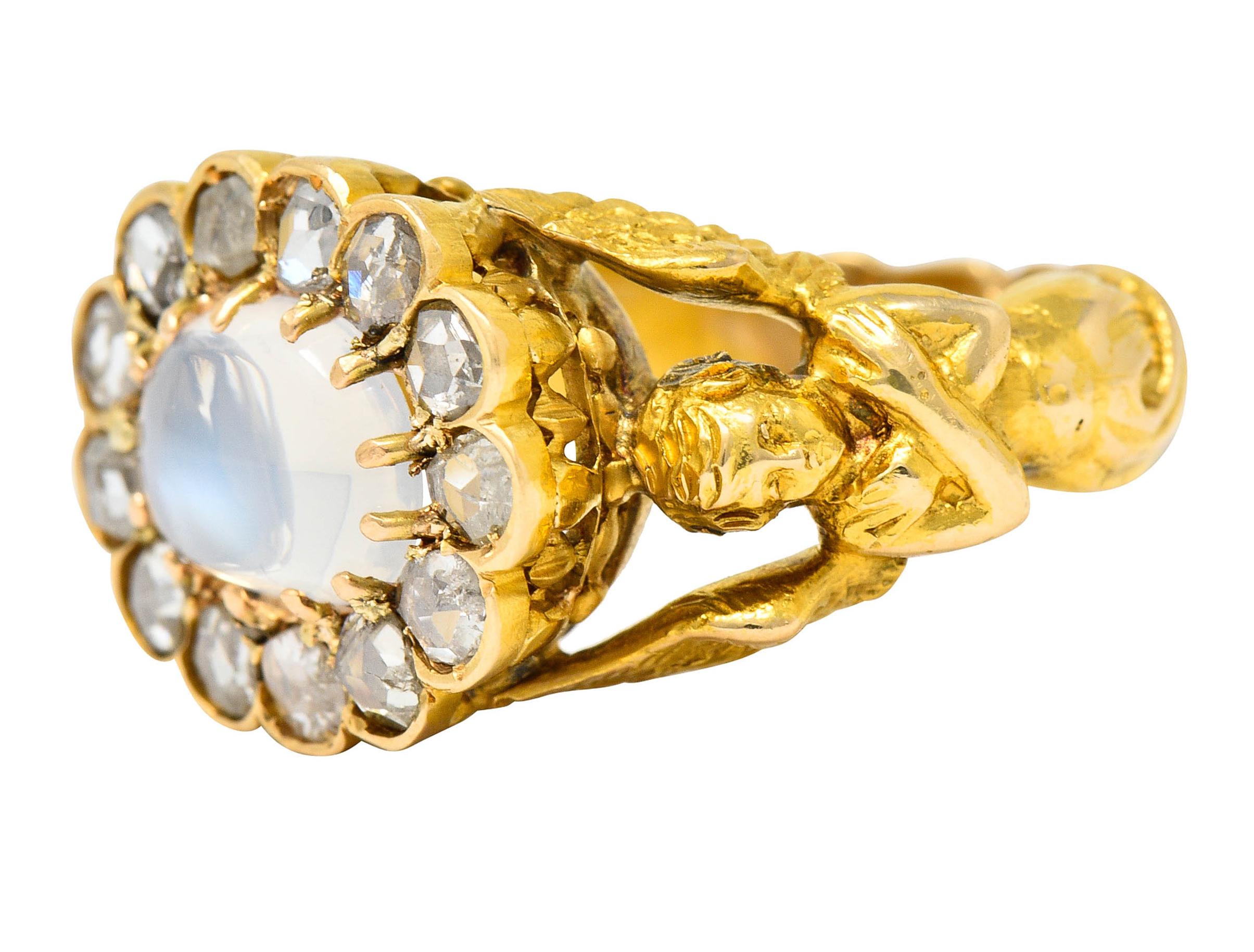 Art Nouveau Moonstone Diamond 18 Karat Gold Nike Mythological Victory Ring In Excellent Condition In Philadelphia, PA