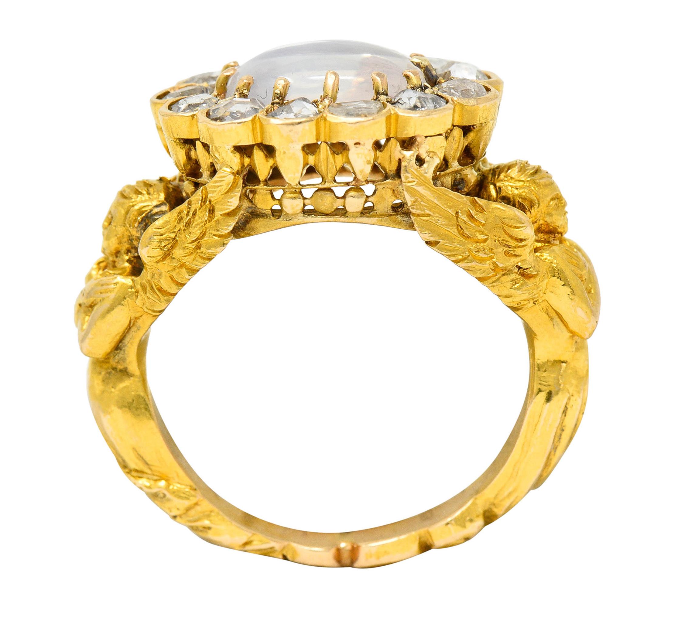 Women's or Men's Art Nouveau Moonstone Diamond 18 Karat Gold Nike Mythological Victory Ring