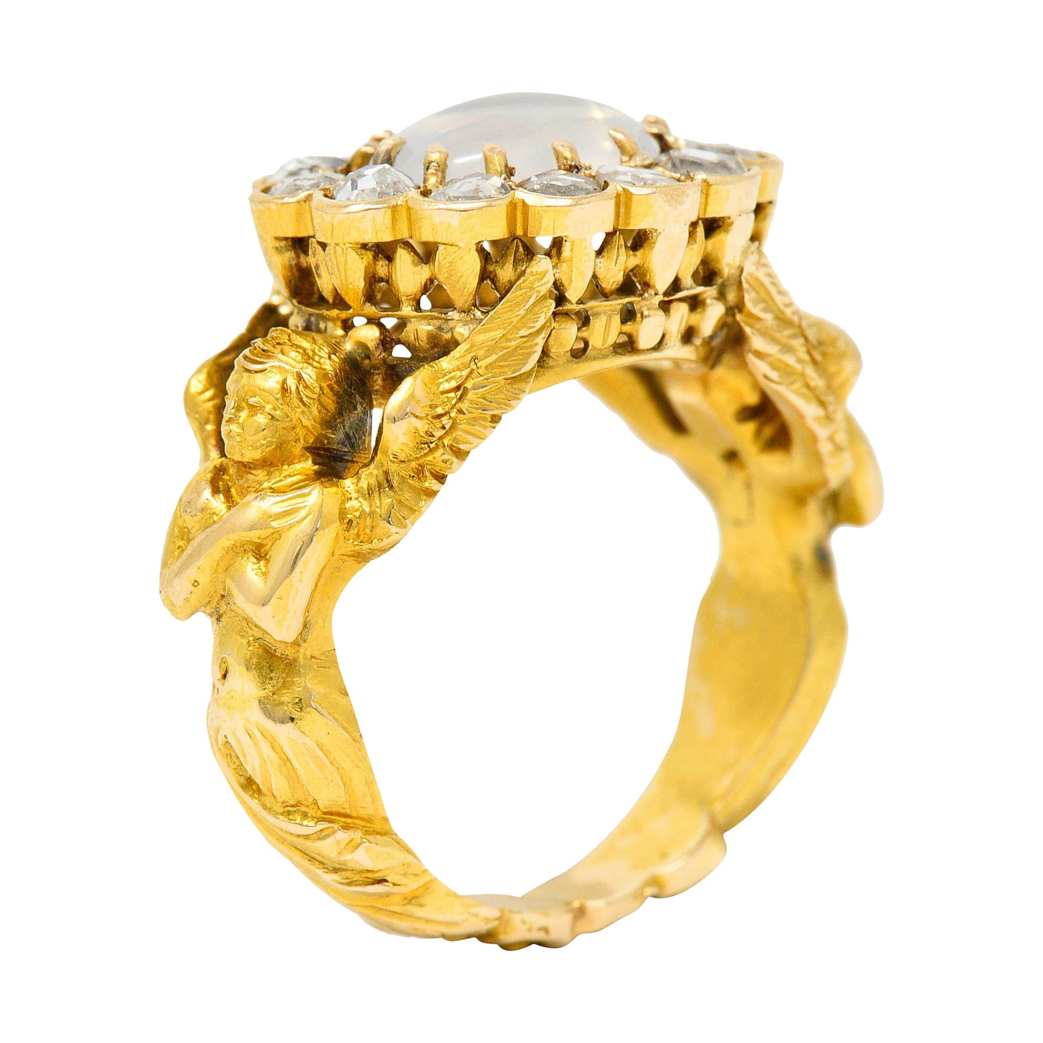 Art Nouveau Moonstone Diamond 18 Karat Gold Nike Mythological Victory Ring