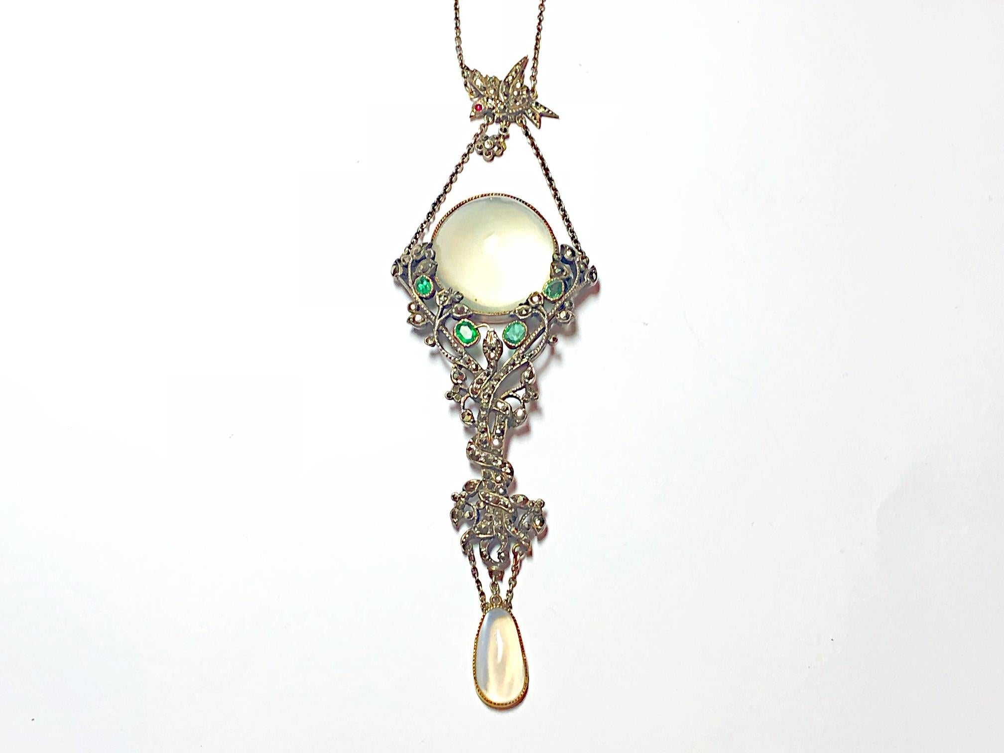 Art Nouveau Moonstone, Emerald and Marcasite Pendant In Good Condition In London, GB