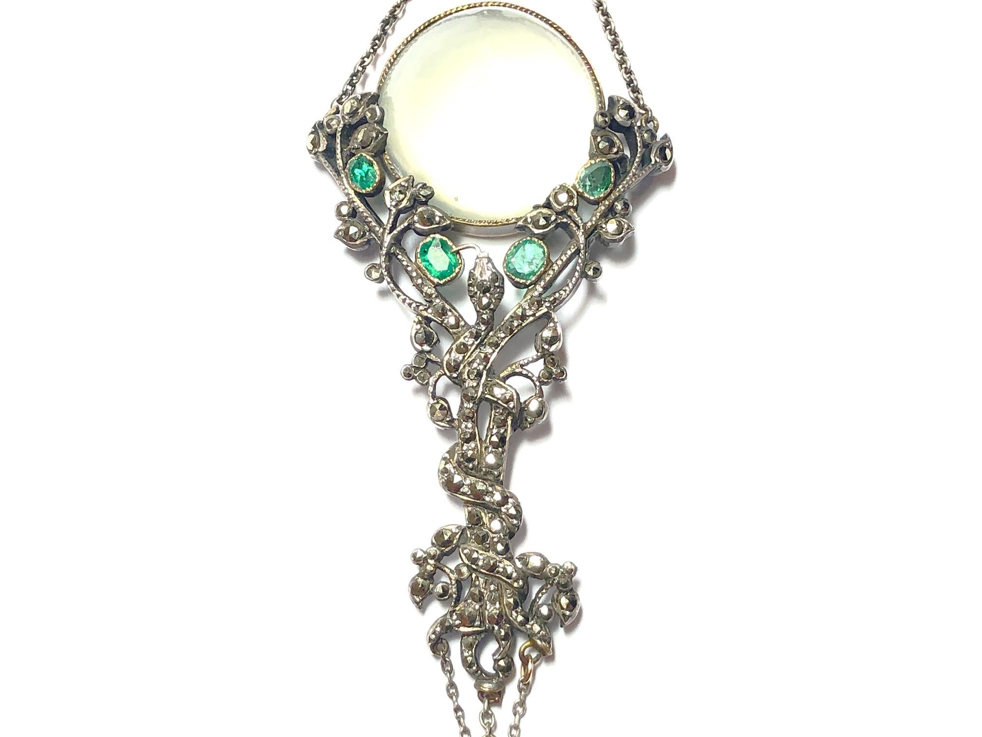Women's or Men's Art Nouveau Moonstone, Emerald and Marcasite Pendant