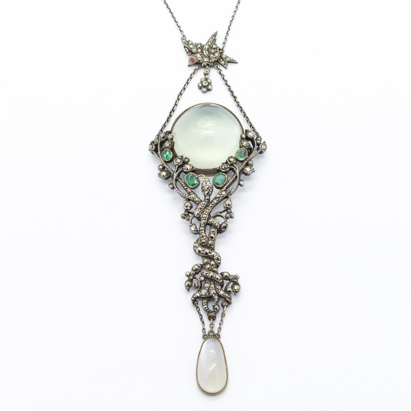 Art Nouveau Moonstone, Emerald and Marcasite Pendant 2