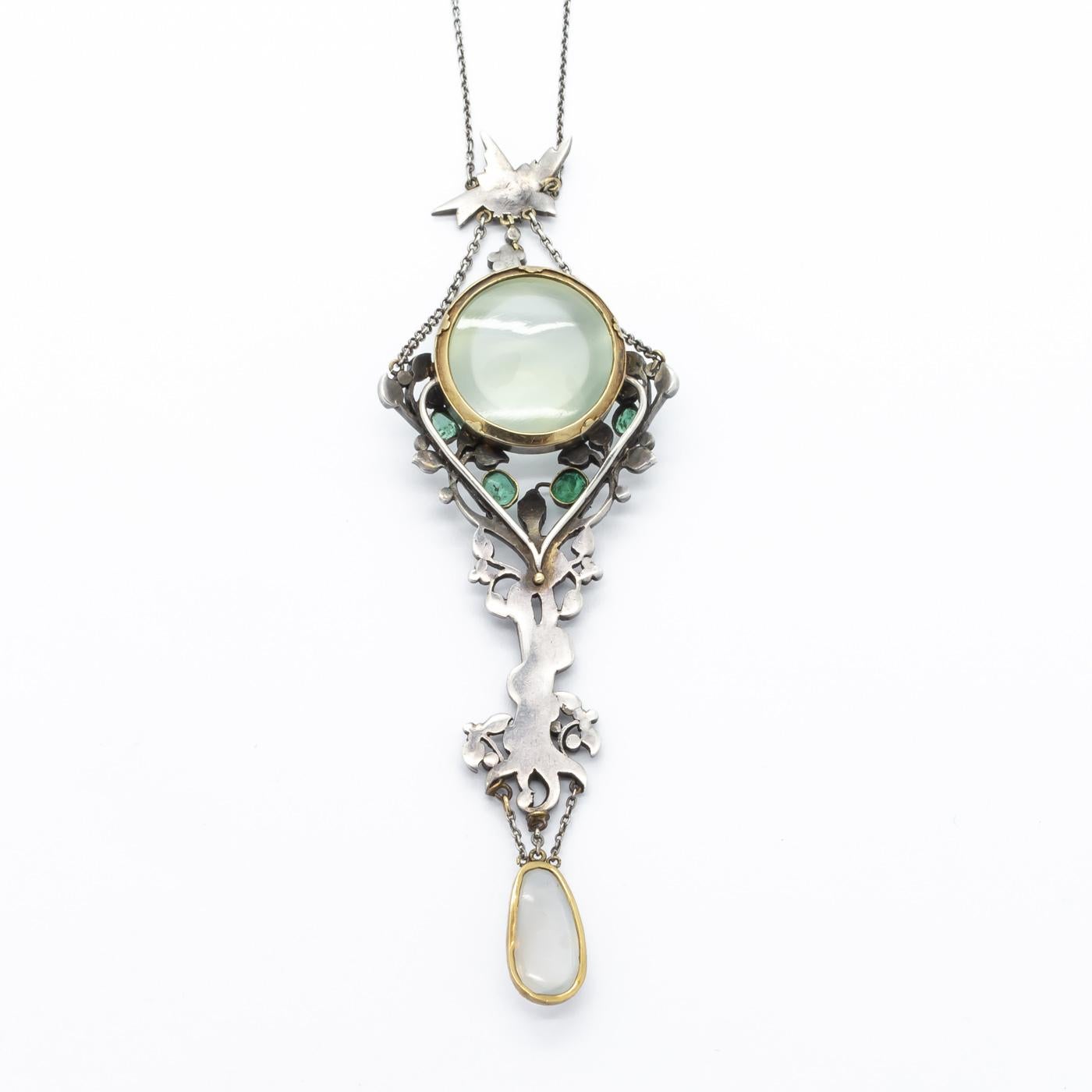 Art Nouveau Moonstone, Emerald and Marcasite Pendant 3