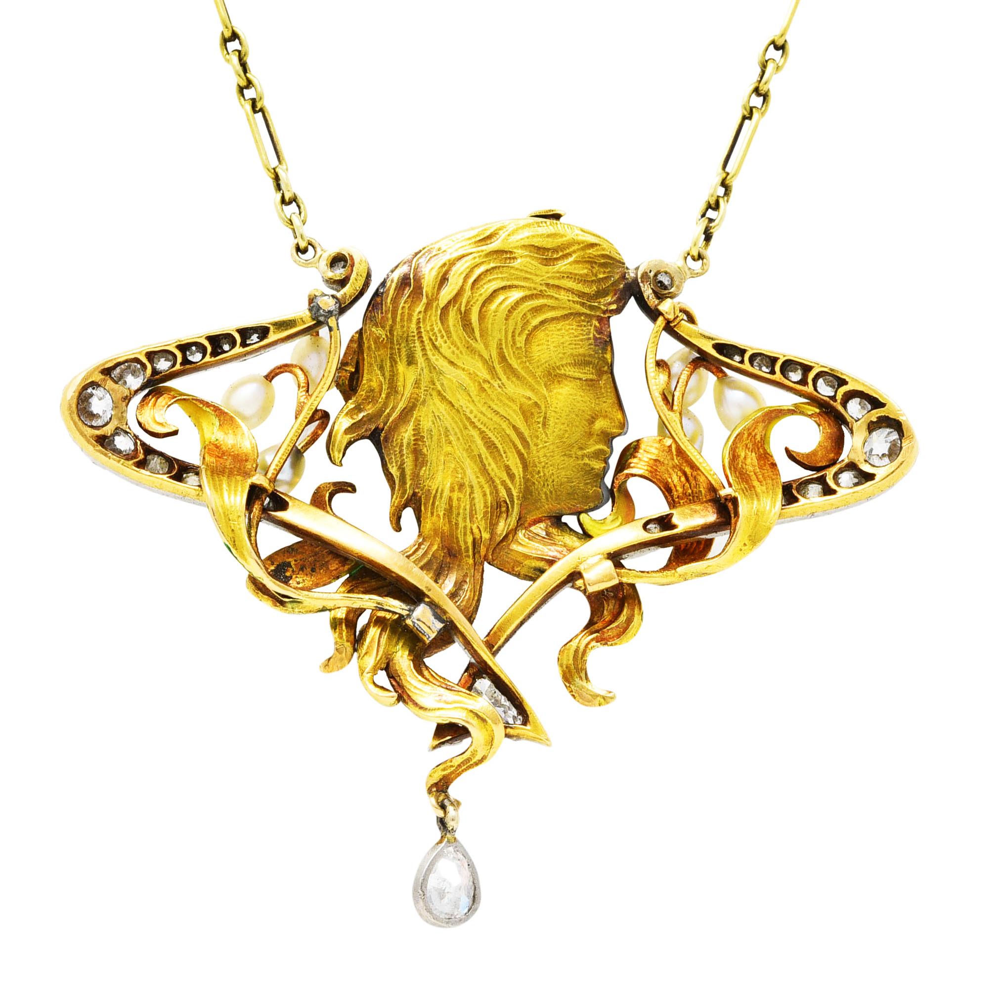 Old European Cut Art Nouveau Moonstone Enamel Diamond Emerald Platinum 18 Karat Gold Necklace For Sale