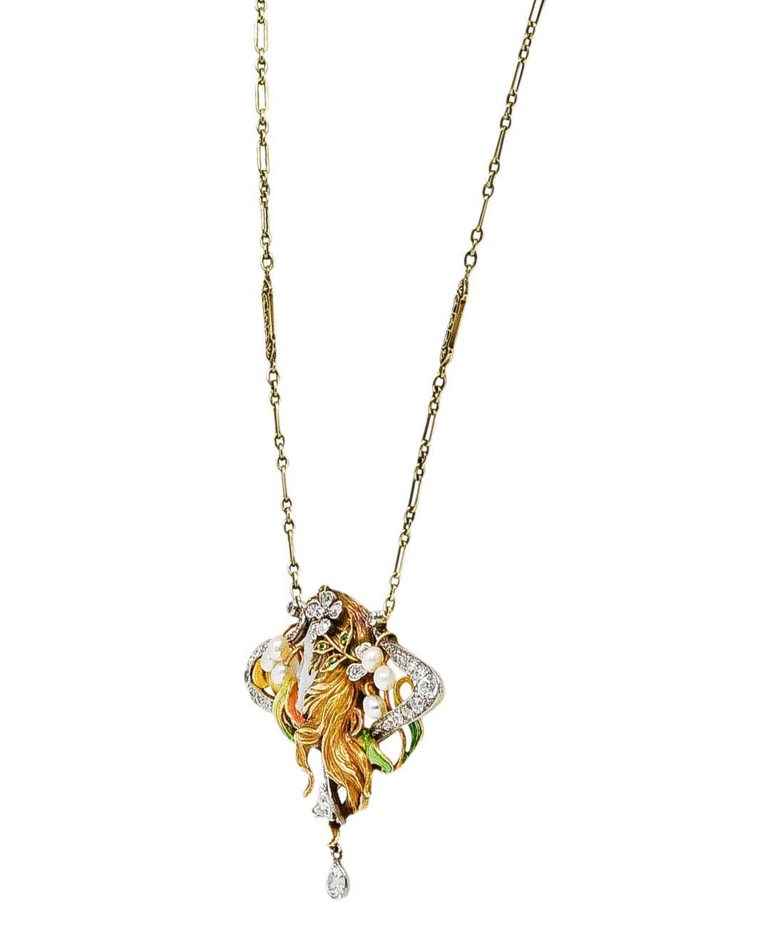 Art Nouveau Moonstone Enamel Diamond Emerald Platinum 18 Karat Gold Necklace In Excellent Condition For Sale In Philadelphia, PA
