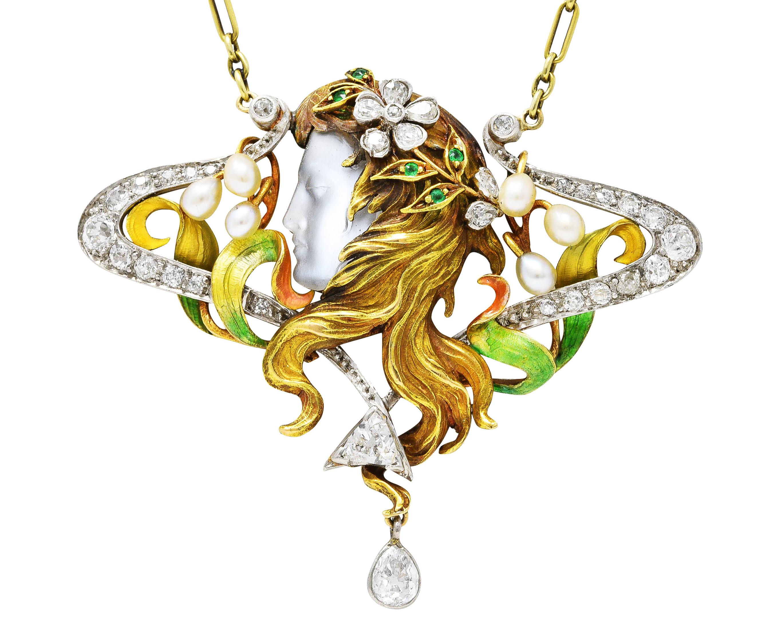 Art Nouveau Moonstone Enamel Diamond Emerald Platinum 18 Karat Gold Necklace For Sale 3