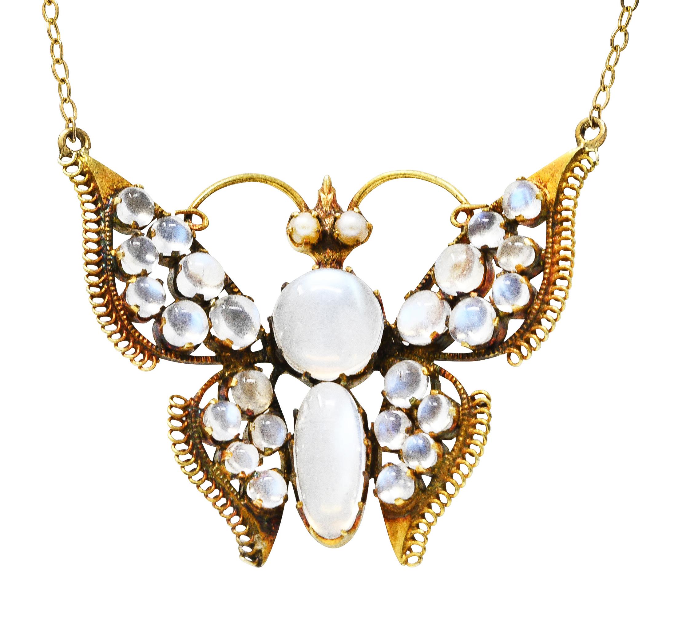 Art Nouveau Moonstone Pearl 14 Karat Yellow Gold Butterfly Station Necklace 3