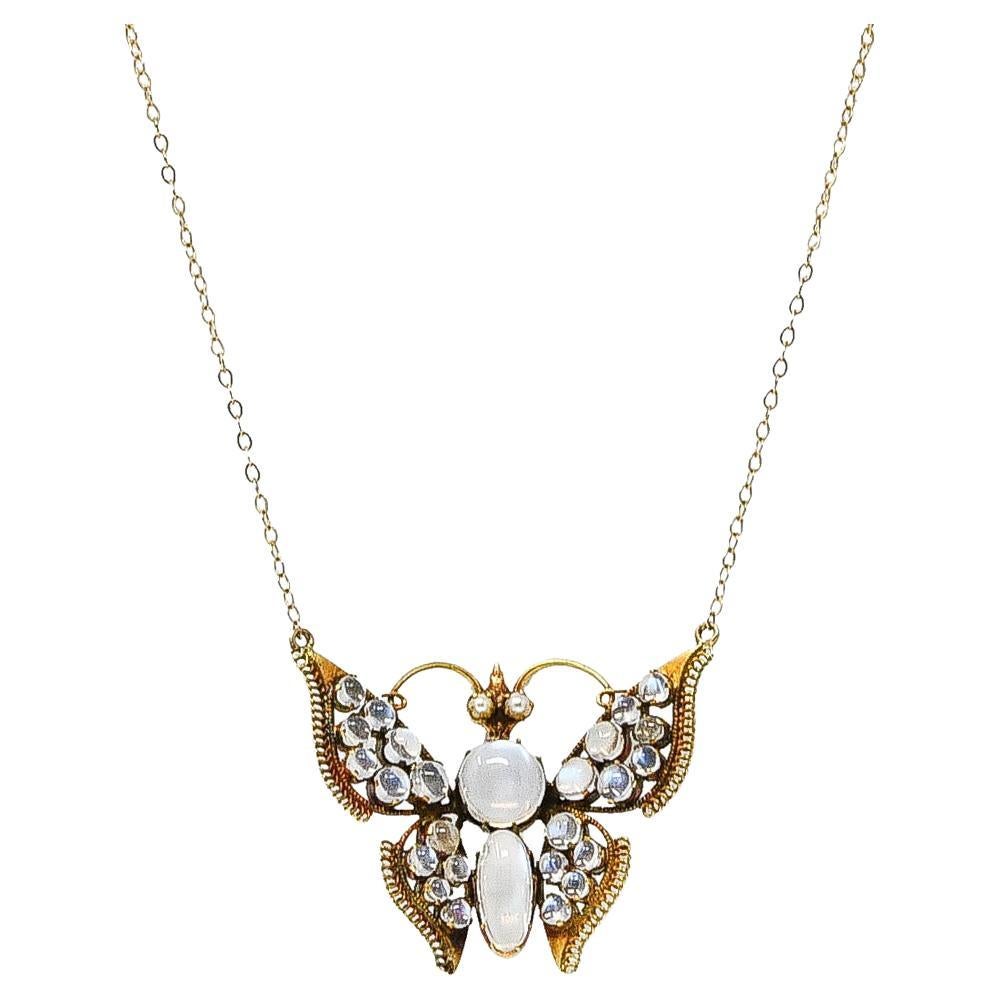 Art Nouveau Moonstone Pearl 14 Karat Yellow Gold Butterfly Station Necklace