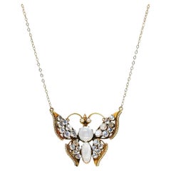 Art Nouveau Moonstone Pearl 14 Karat Yellow Gold Butterfly Station Necklace