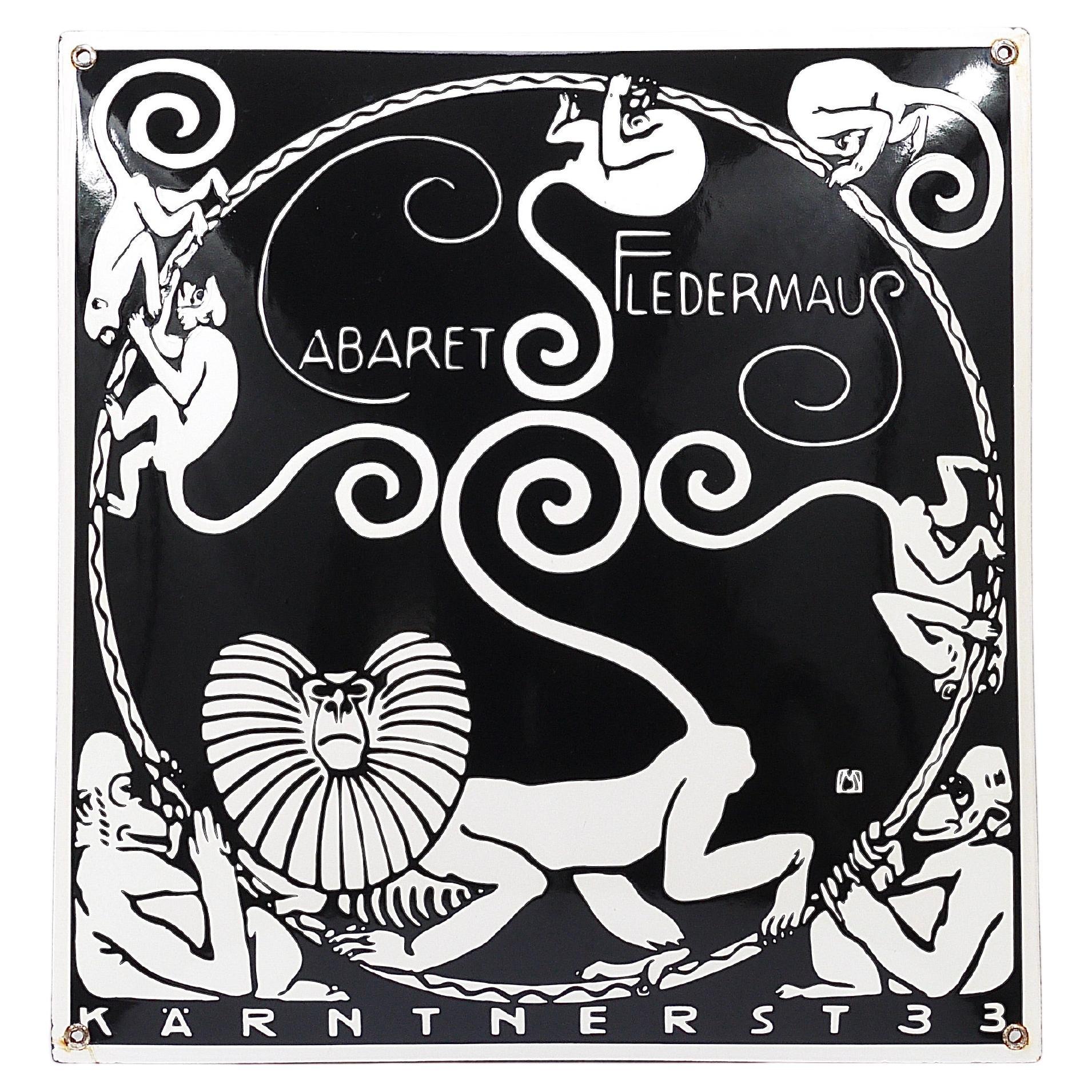 Cartello pubblicitario smaltato Art Nouveau Moriz Jung Cabaret Fledermaus Vienna