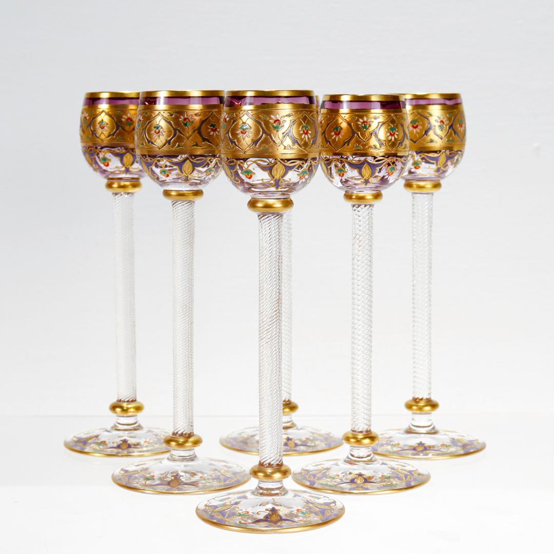 Czech  Art Nouveau Moser Attributed Gilt & Enameled Glass Cordial Decanter Set For Sale