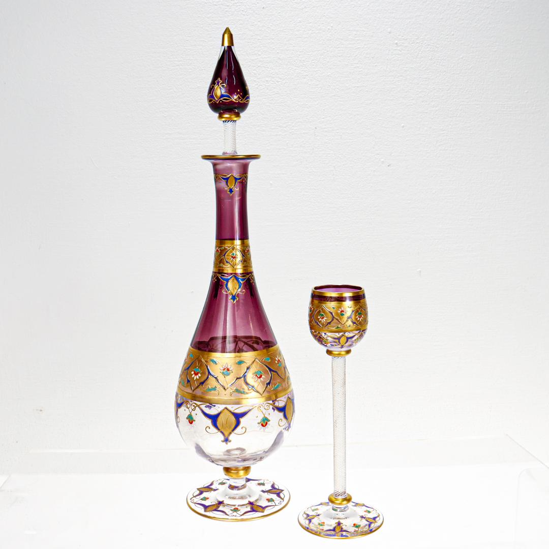  Art Nouveau Moser Attributed Gilt & Enameled Glass Cordial Decanter Set In Good Condition For Sale In Philadelphia, PA