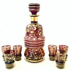 Art Nouveau Moser Style Art Glass & 22 Karat Gold Drinks Set of Eight Pieces