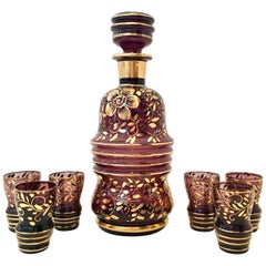Art Nouveau Moser Style Art Glass & 22 Karat Gold Drinks Set of Eight Pieces