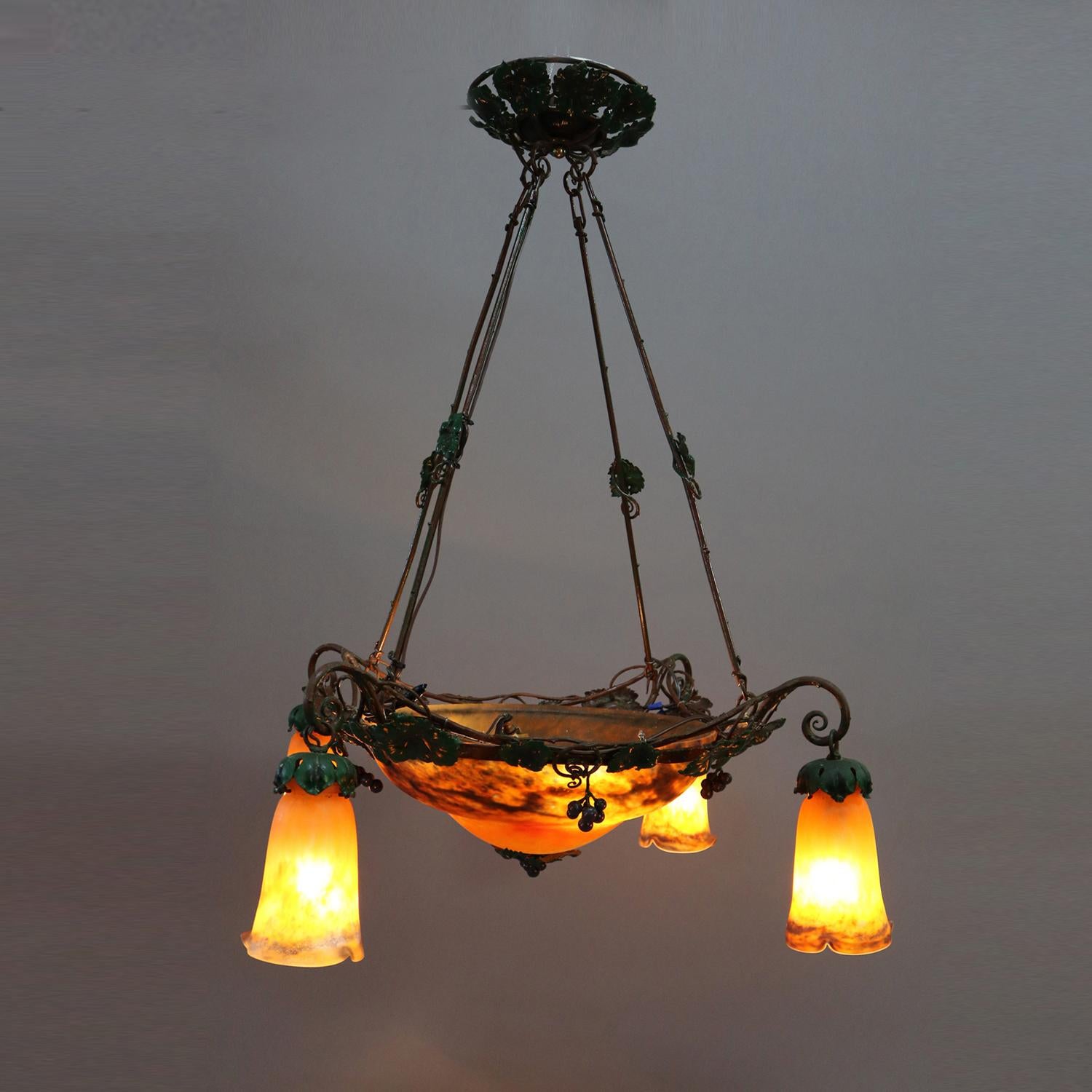 Hand-Crafted Art Nouveau Muller Freres Luneville Signed Art Glass Chandelier, circa 1920