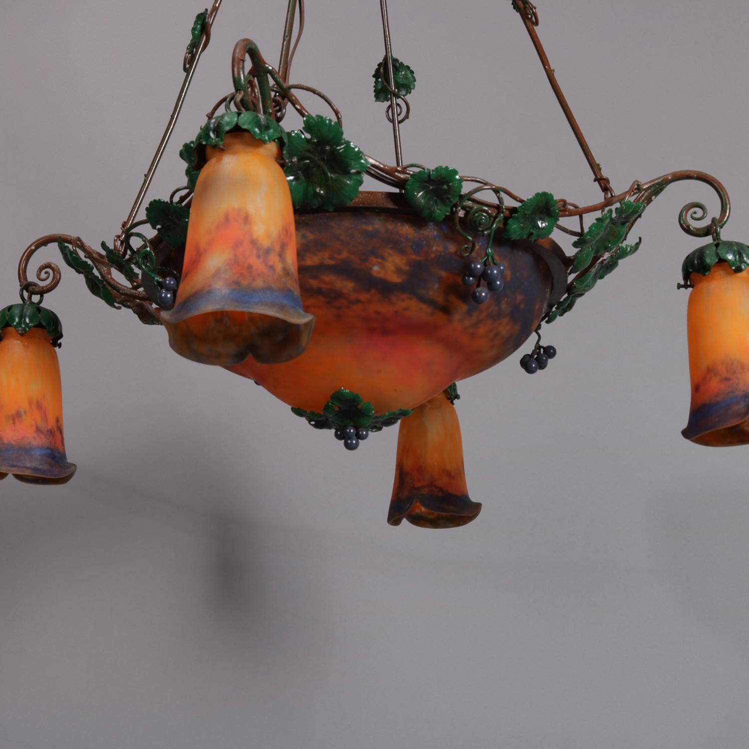 Art Nouveau Muller Freres Luneville Signed Art Glass Chandelier, circa 1920 In Good Condition In Big Flats, NY