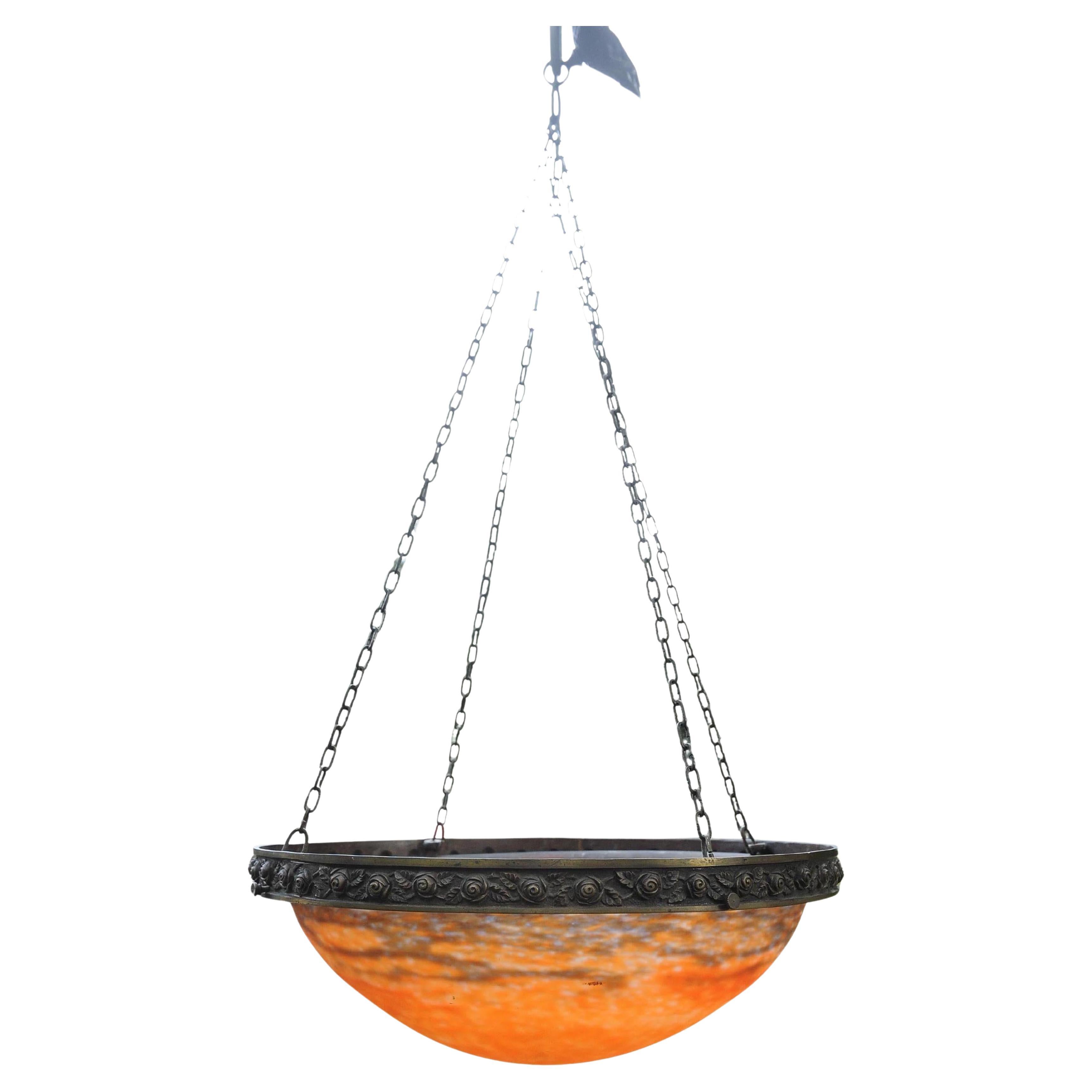 Art nouveau Art Nouveau Muller Fréres Plafonnier Pendant Ceiling Glass Chandelier France en vente