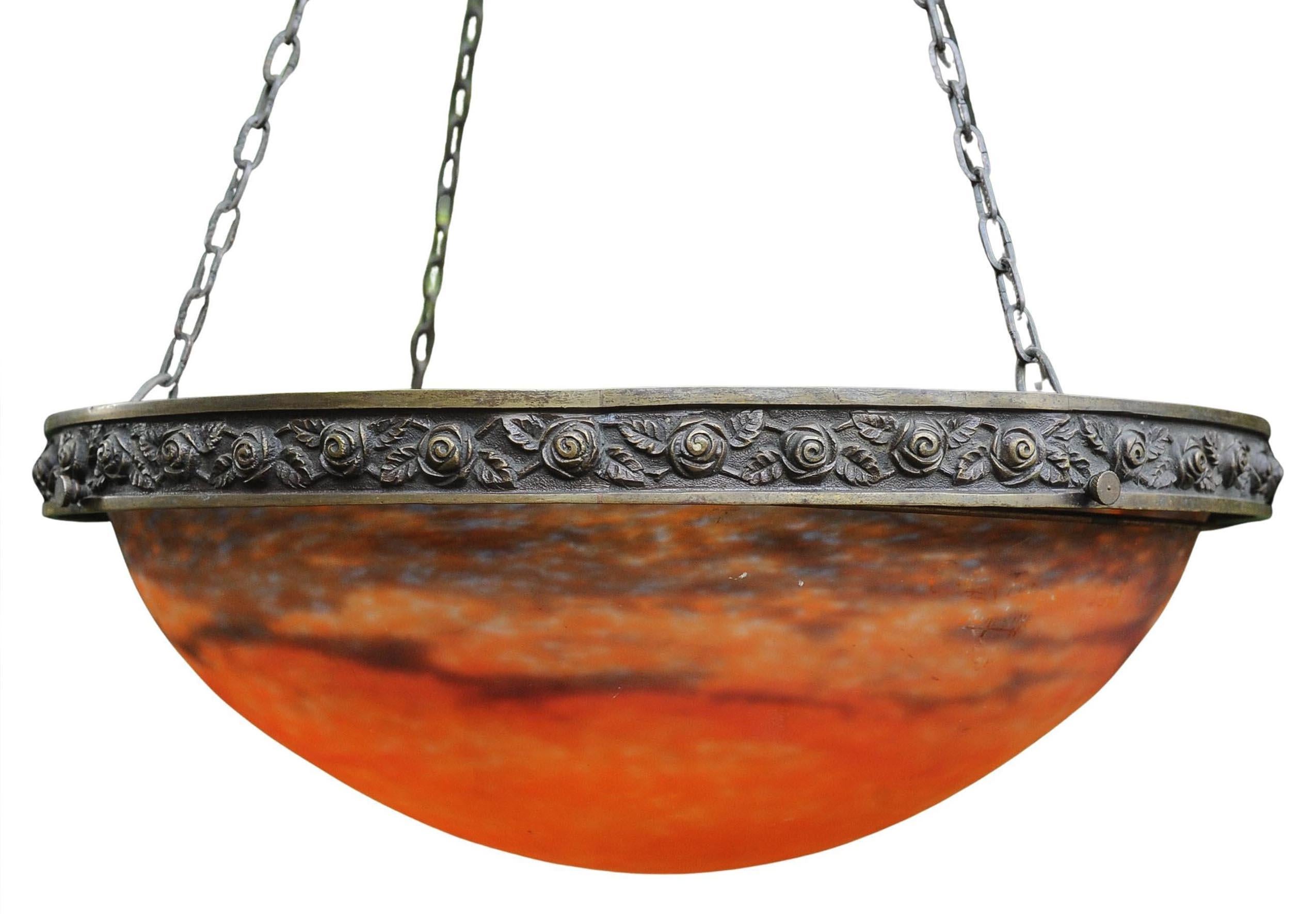 Français Art Nouveau Muller Fréres Plafonnier Pendant Ceiling Glass Chandelier France en vente
