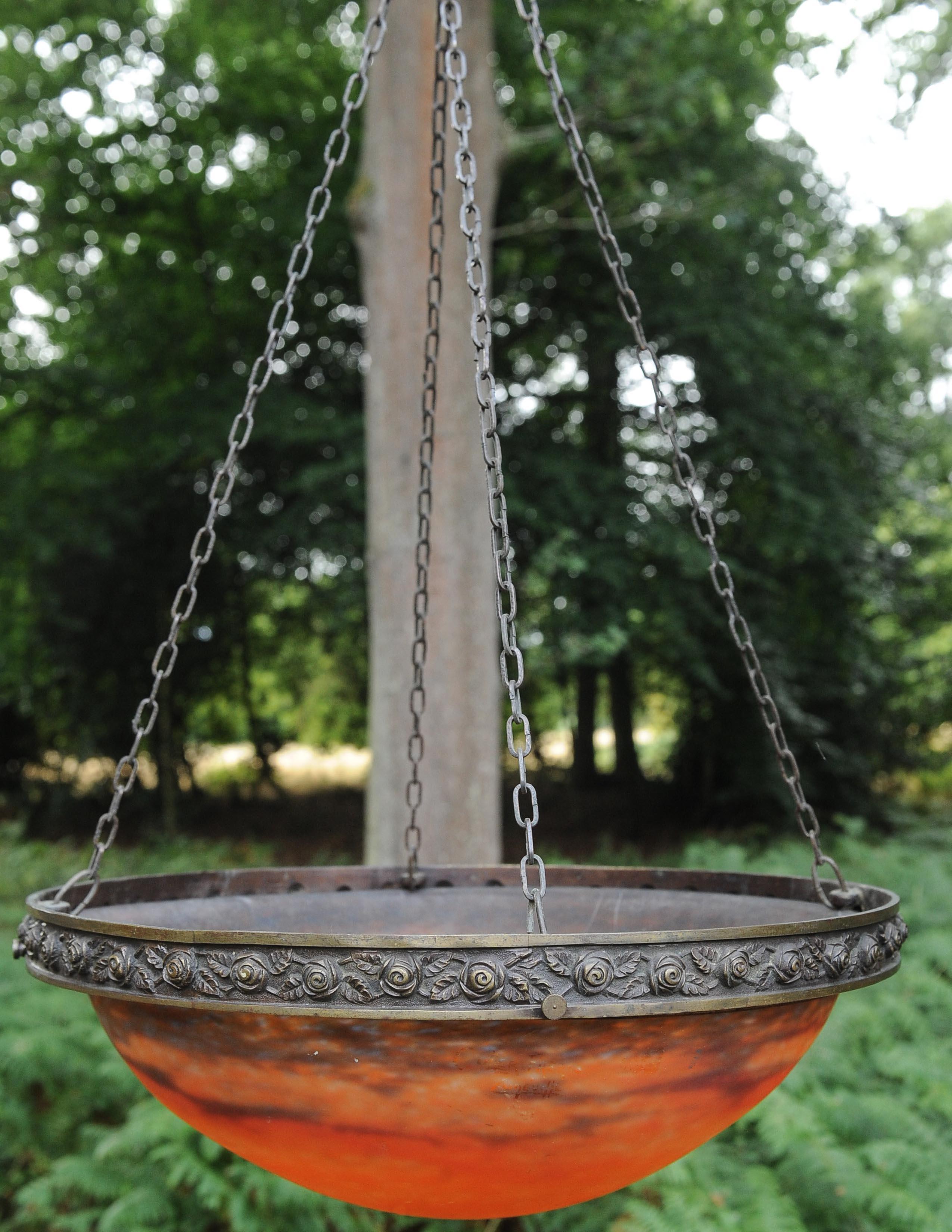 Art Nouveau Muller Fréres Plafonnier Pendant Ceiling Glass Chandelier France en vente 2