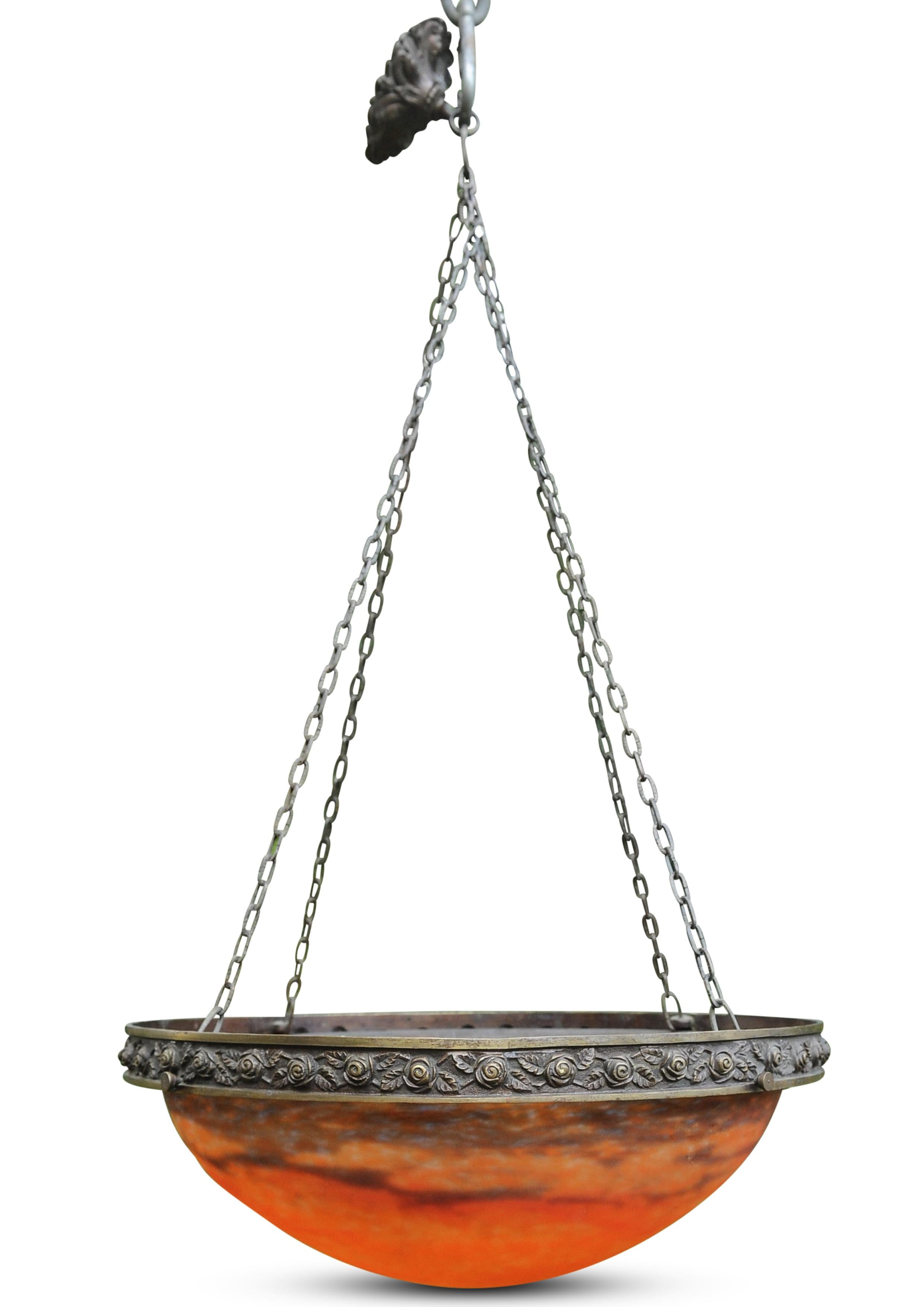 Laiton Art Nouveau Muller Fréres Plafonnier Pendant Ceiling Glass Chandelier France en vente