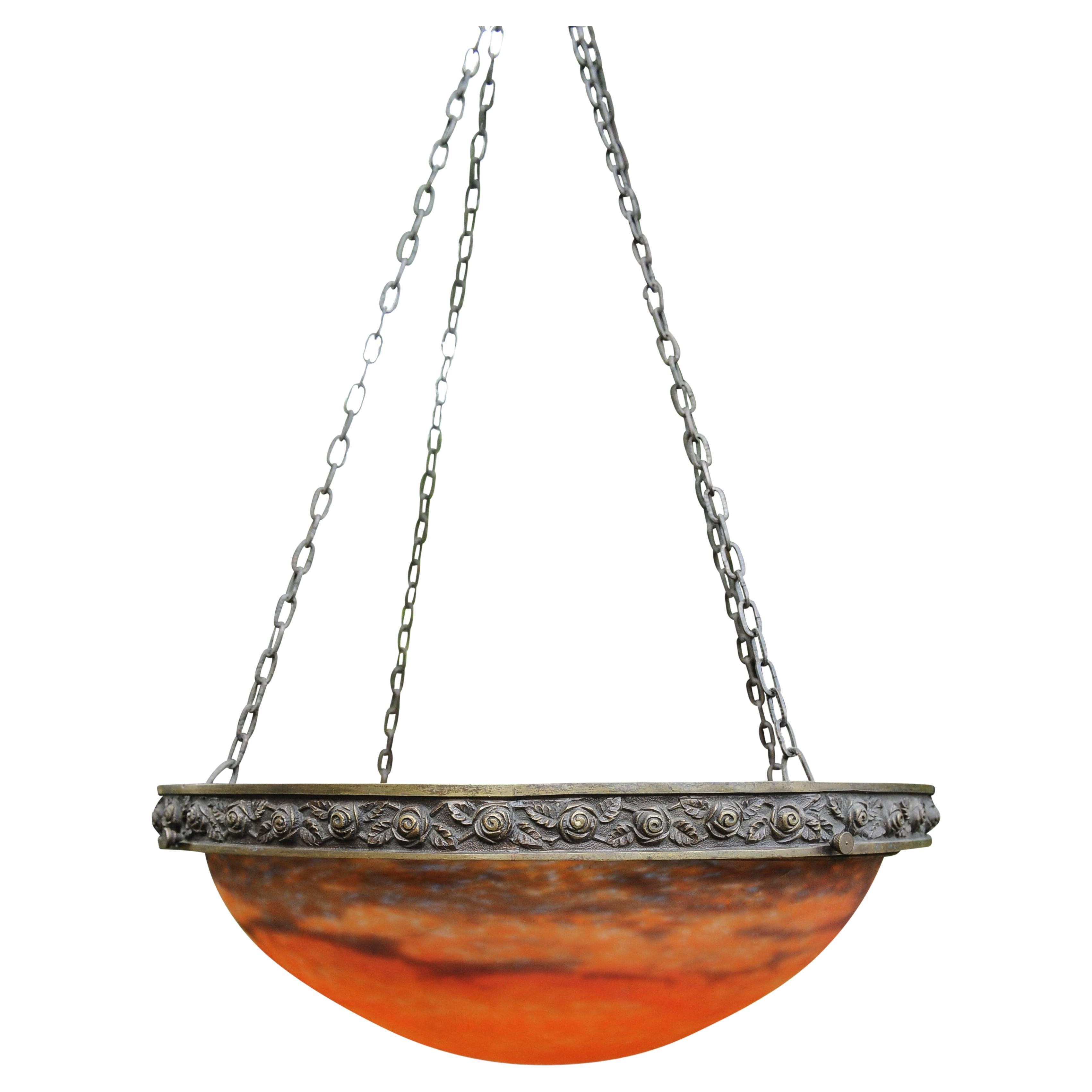 Art Nouveau Muller Fréres Plafonnier Pendant Ceiling Glass Chandelier France en vente