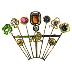 Antique Art Nouveau Multi Stickpin Gemstone Tree Brooch in 14K - Clover Lion Snake