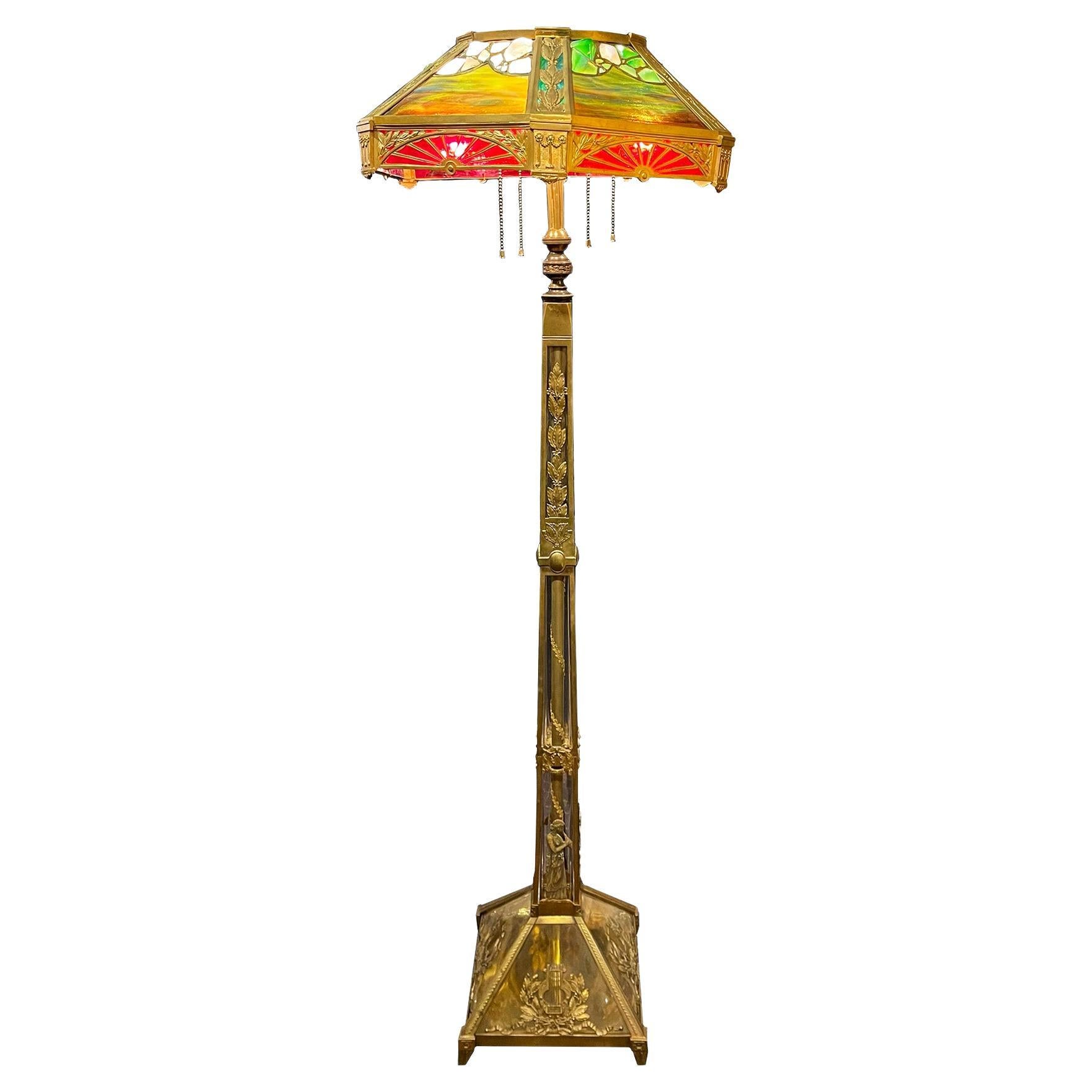 Art Nouveau Multicolored Slag Glass Floor Lamp