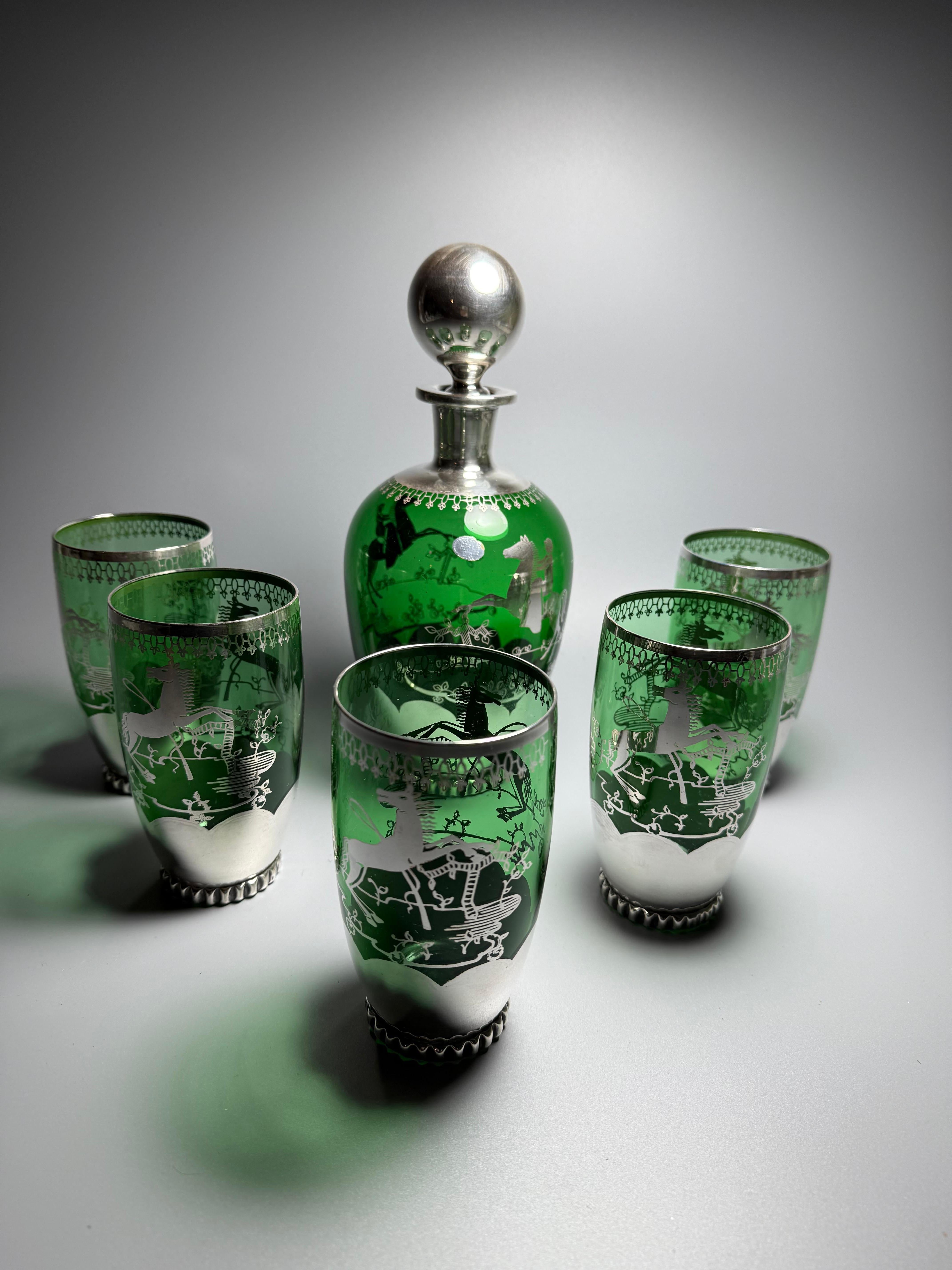 Art Nouveau Murano-Glas Silber-Overlay Sechs Stücke (Art déco) im Angebot