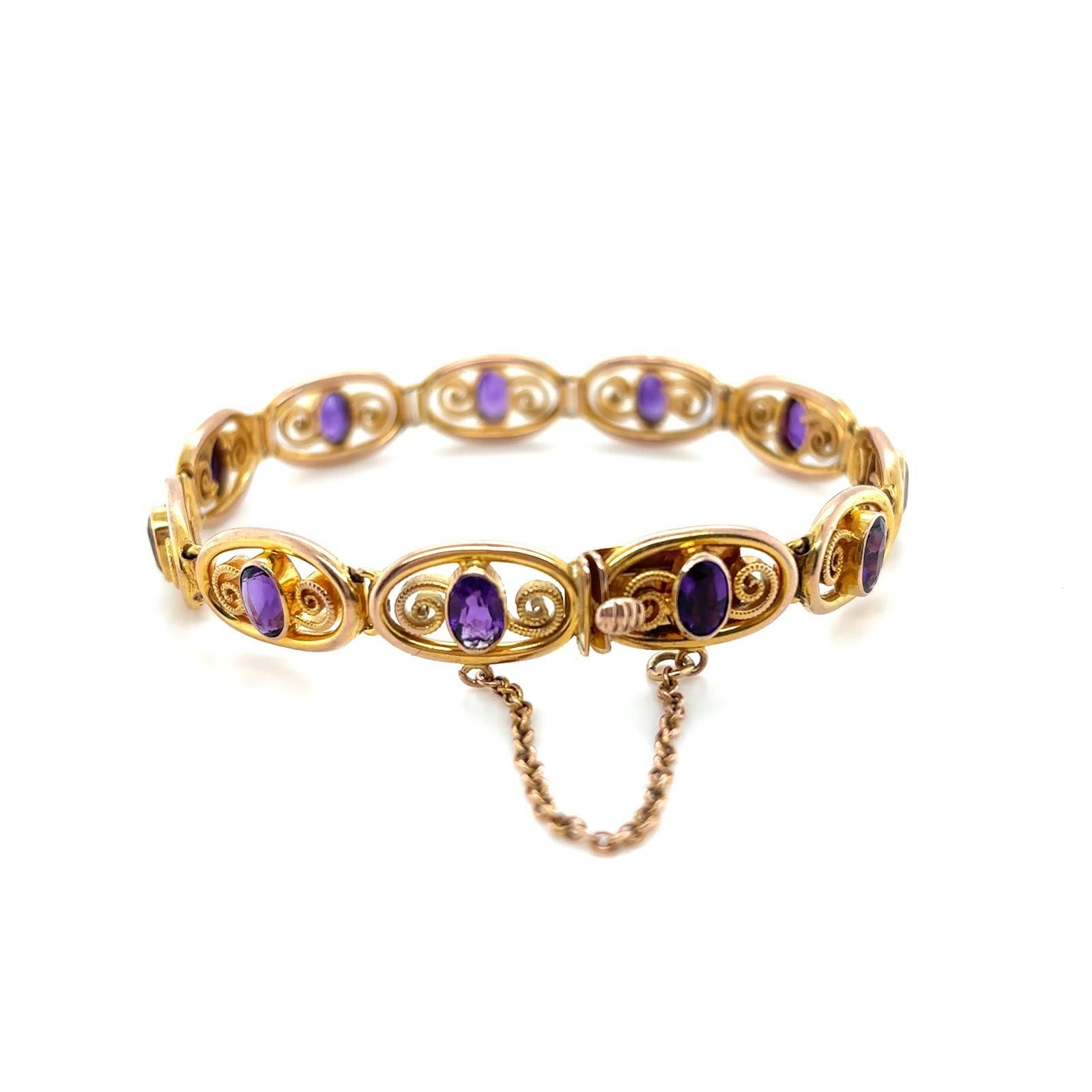 Oval Cut Art Nouveau Murrle Bennett Art Nouveau 9 Karat Yellow Gold Amethyst Bracelet For Sale